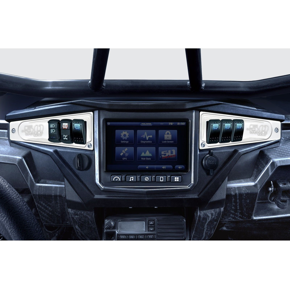 White | Polaris Ride Command 6 Switch Dash Panel White Lightning 2 Piece Combo with 4 Free Waterproof Carling Illuminated 12V Switches