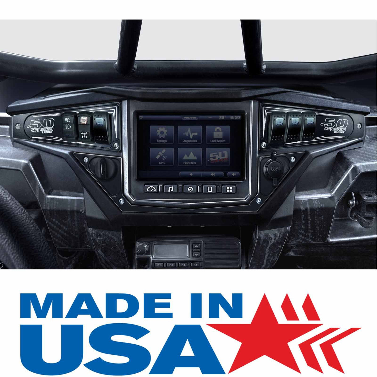 Black | Polaris Ride Command 6 Switch Dash Panel Black 3 Piece Combo with 4 Free Waterproof Carling Illuminated 12V Switches