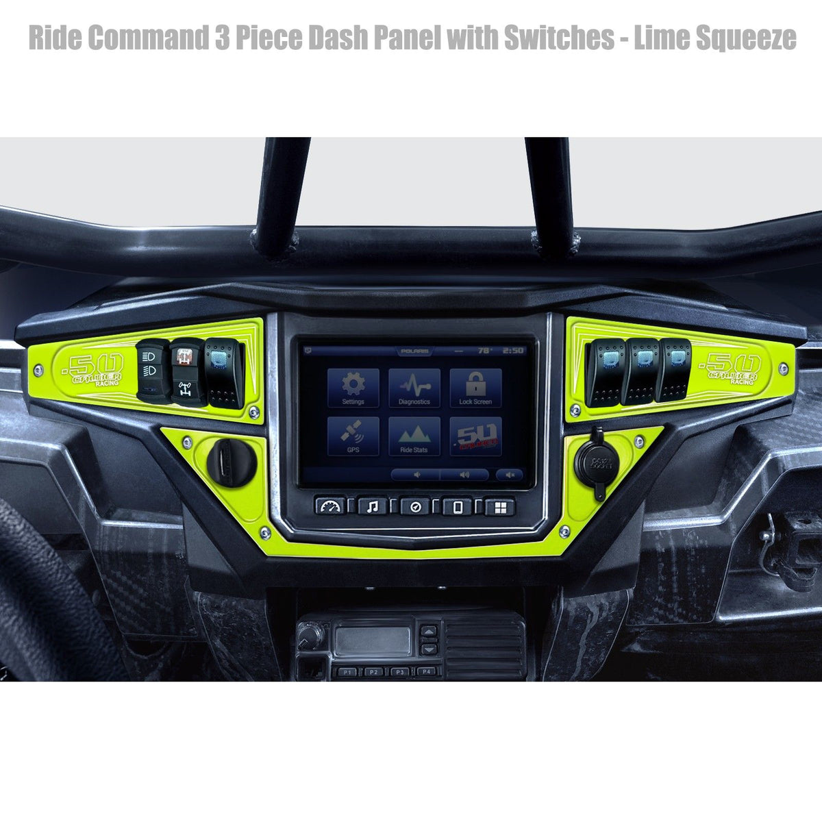 Lime Squeeze | Polaris Ride Command 6 Switch Dash Panel Lime Squeeze 3 Piece Combo with 4 Free Waterproof Carling Illuminated 12V Switches