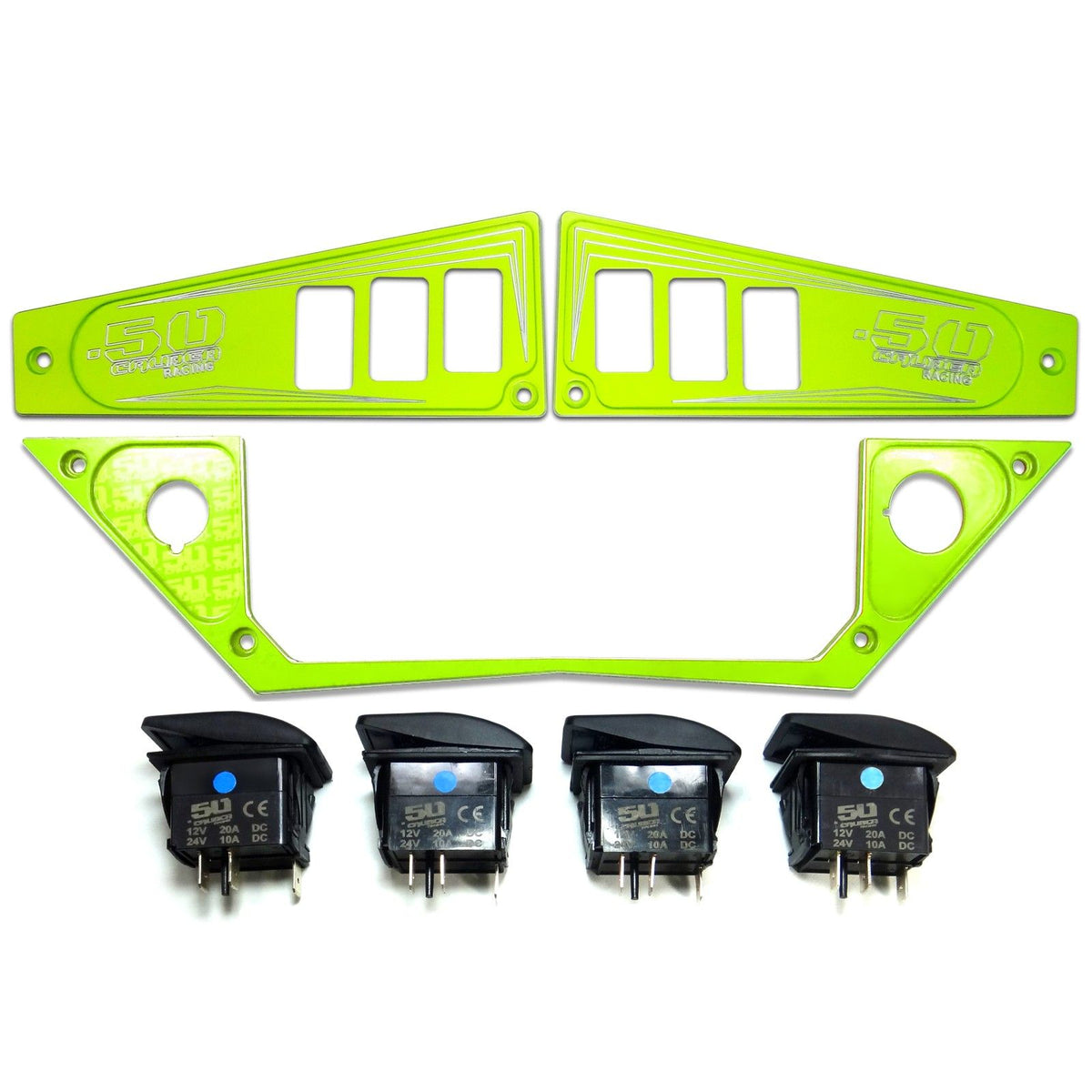 Lime Squeeze | Polaris Ride Command 6 Switch Dash Panel Lime Squeeze 3 Piece Combo with 4 Free Waterproof Carling Illuminated 12V Switches