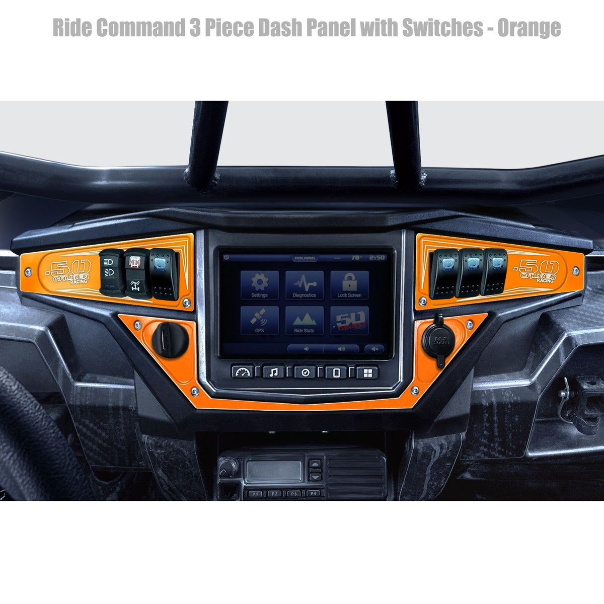 Orange | Polaris Ride Command 6 Switch Dash Panel Orange Madness 3 Piece Combo with 4 Free Waterproof Carling Illuminated 12V Switches