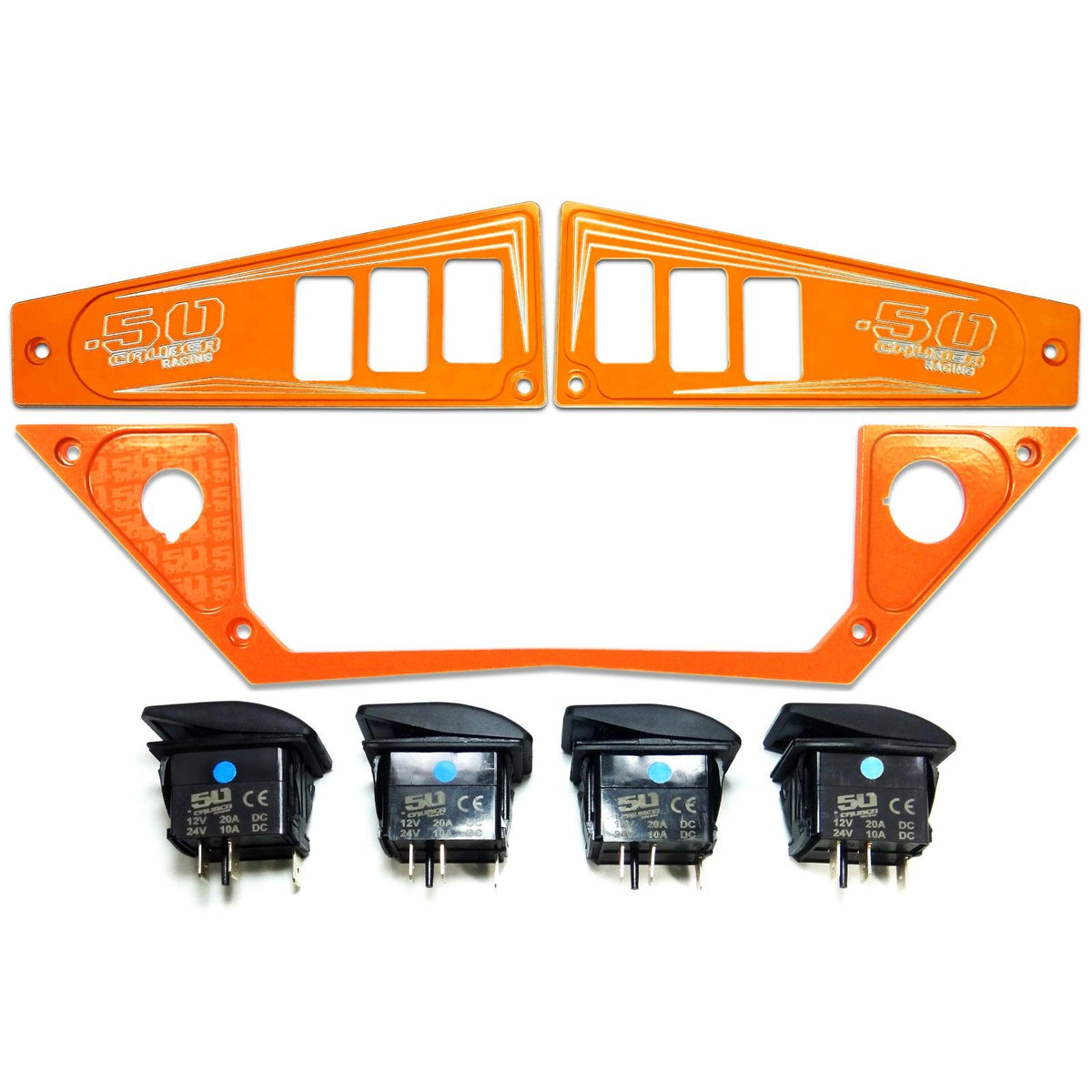 Orange | Polaris Ride Command 6 Switch Dash Panel Orange Madness 3 Piece Combo with 4 Free Waterproof Carling Illuminated 12V Switches