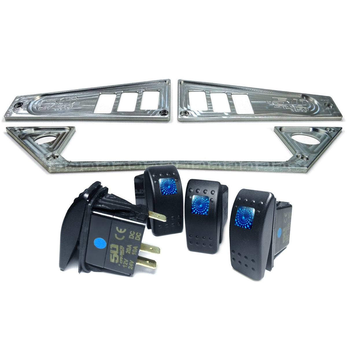 Raw Silver | Polaris Ride Command 6 Switch Dash Panel Raw Silver 3 Piece Combo with 4 Free Waterproof Carling Illuminated 12V Switches