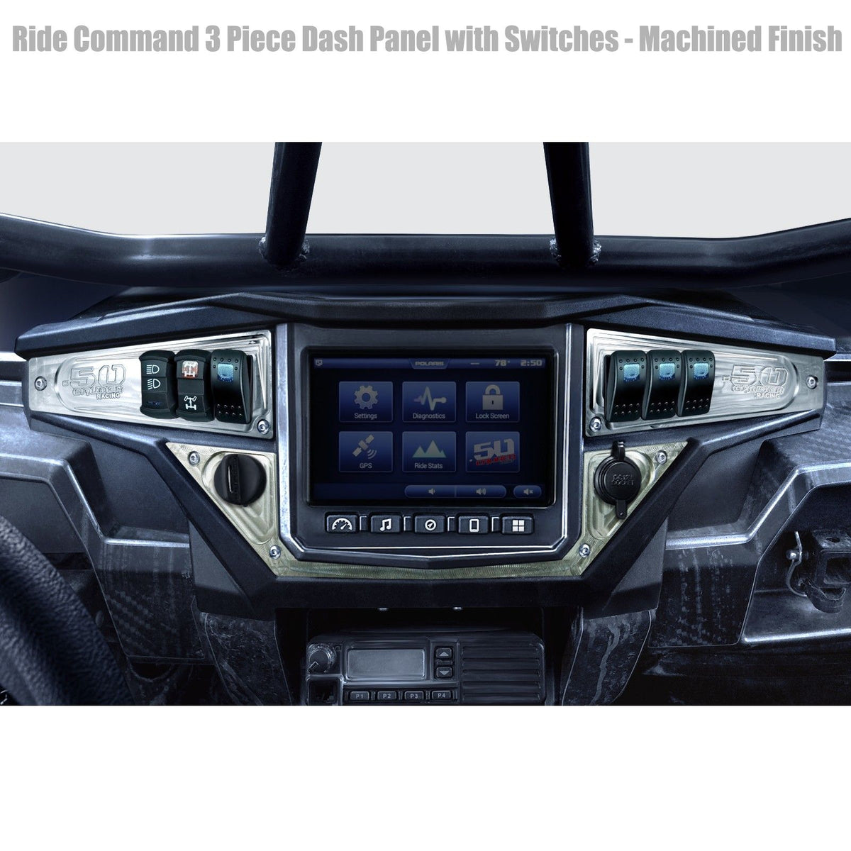 Raw Silver | Polaris Ride Command 6 Switch Dash Panel Raw Silver 3 Piece Combo with 4 Free Waterproof Carling Illuminated 12V Switches