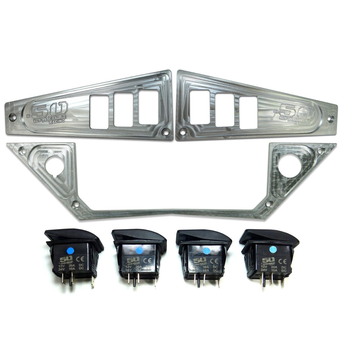 Raw Silver | Polaris Ride Command 6 Switch Dash Panel Raw Silver 3 Piece Combo with 4 Free Waterproof Carling Illuminated 12V Switches