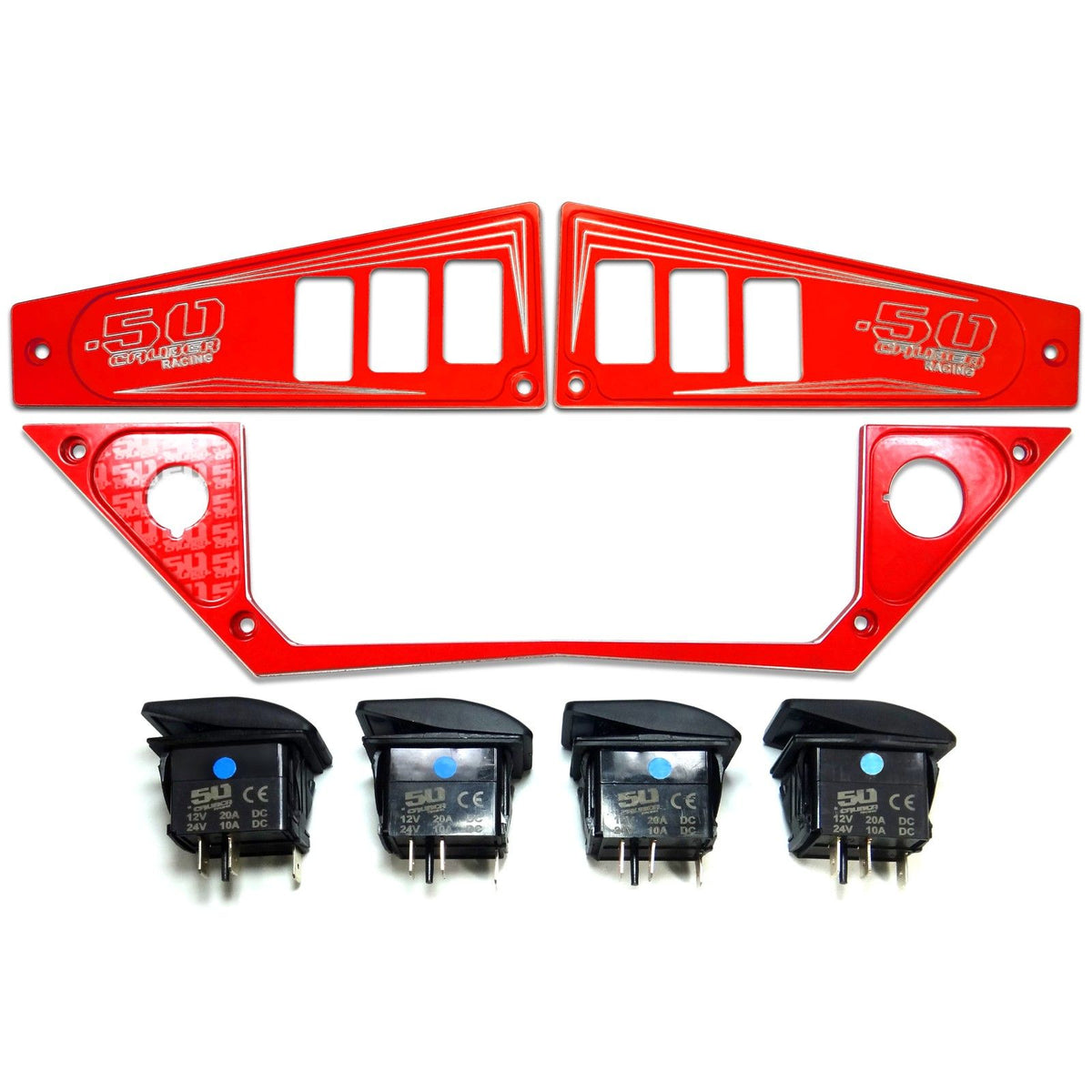 Red | Polaris Ride Command 6 Switch Dash Panel Red 3 Piece Combo with 4 Free Waterproof Carling Illuminated 12V Switches