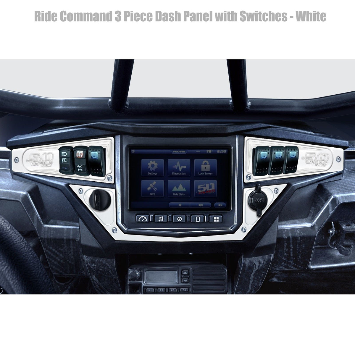White | Polaris Ride Command 6 Switch Dash Panel White Lightning 3 Piece Combo with 4 Free Waterproof Carling Illuminated 12V Switches