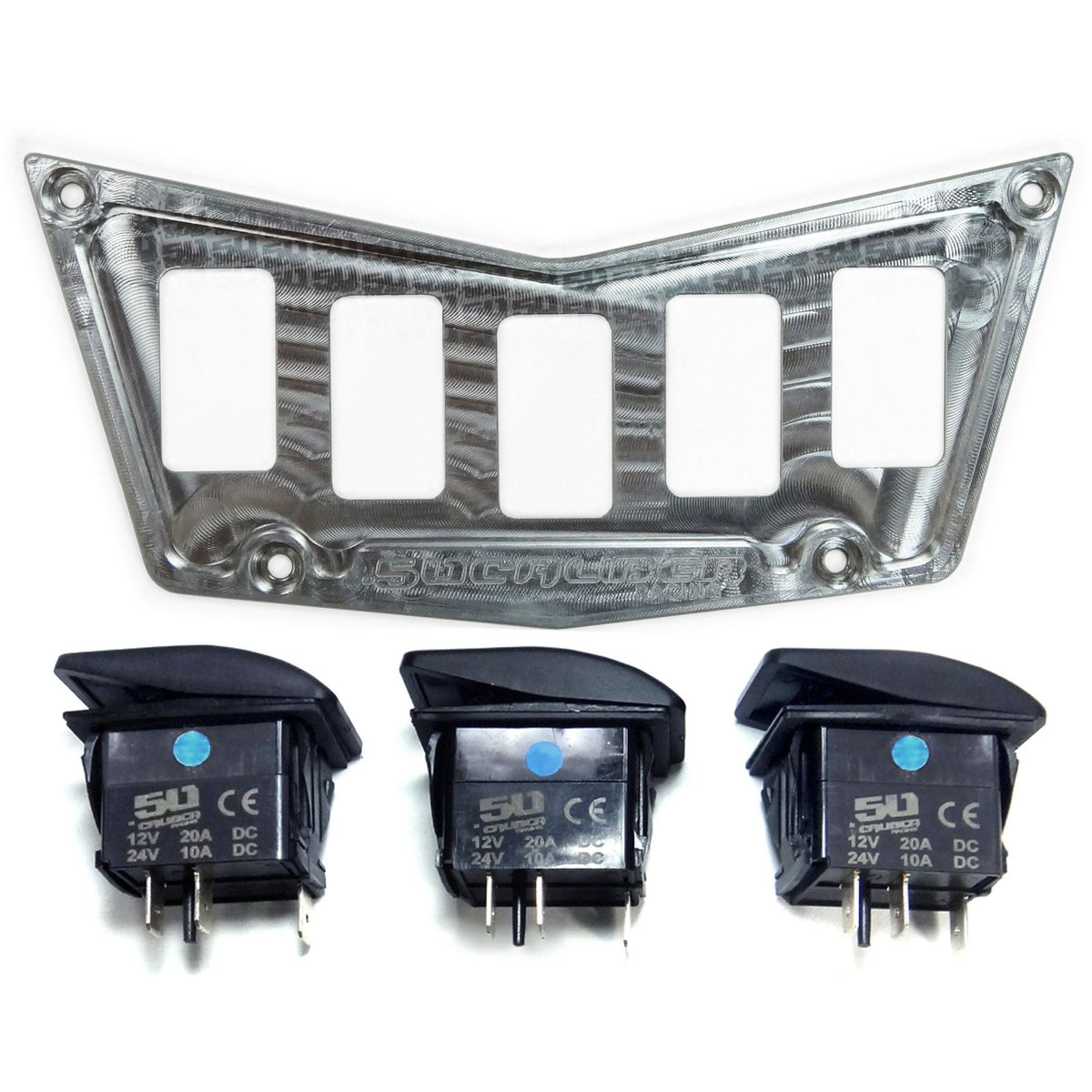 Raw Silver | 50 Caliber Racing Billet Aluminum 5 Switch Hole Dash Panel - Adds 3 Rocker Switch Mounting Locations - Raw Silver
