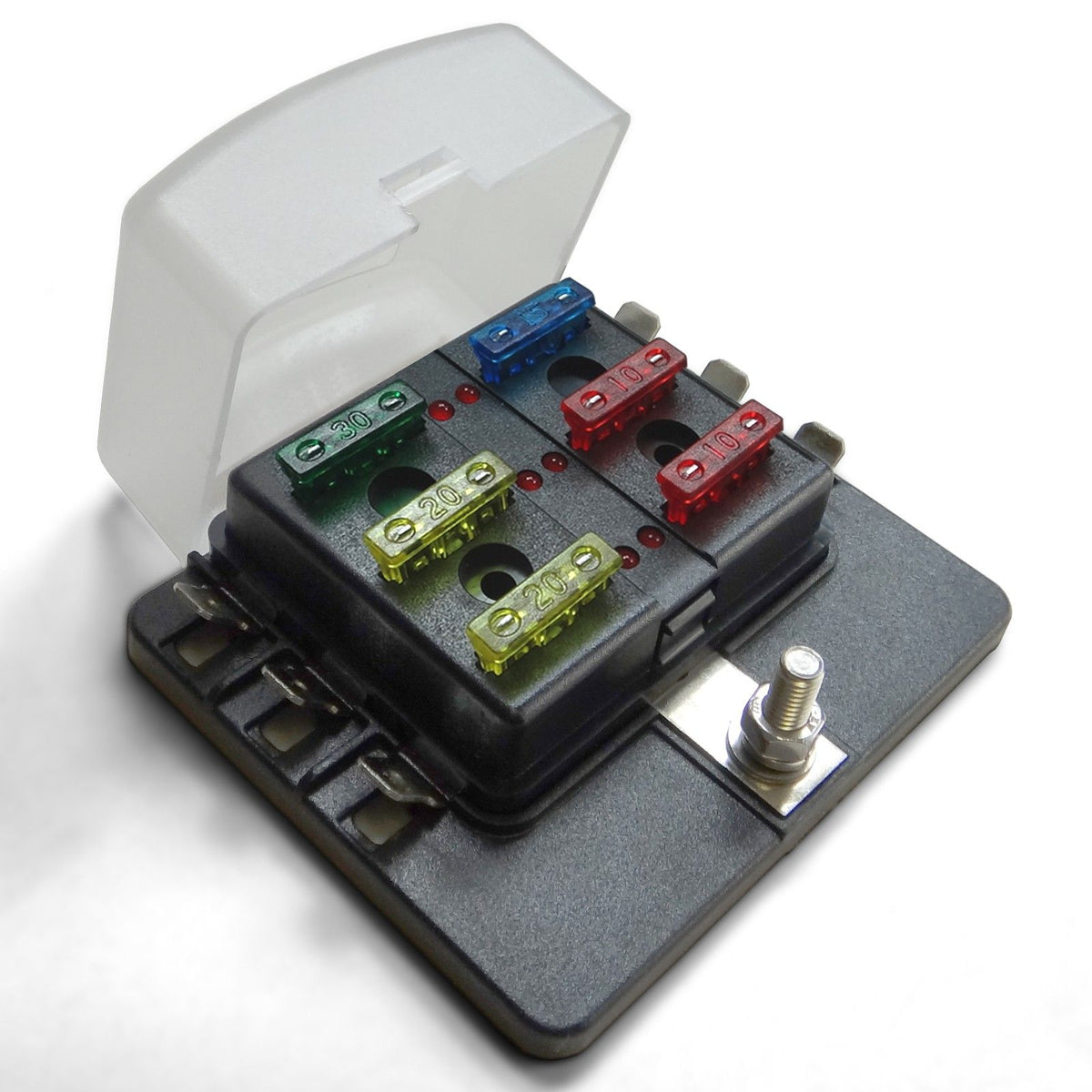 6 Way 12V Fuse Block - LED Indicators - Blade Terminals | Universal 6 Way Covered 12V Circuit Blade Fuse Box with LED Indicators and Accessories