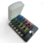 12 Way 12V Fuse Block - LED Indicators - Ring Terminals | Universal 12 Way Covered 12V Circuit Blade Fuse Box with LED Indicators and Accessories