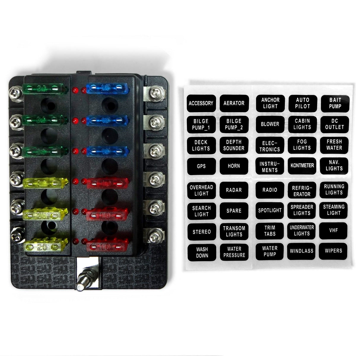 12 Way 12V Fuse Block - LED Indicators - Ring Terminals | Universal 12 Way Covered 12V Circuit Blade Fuse Box with LED Indicators and Accessories
