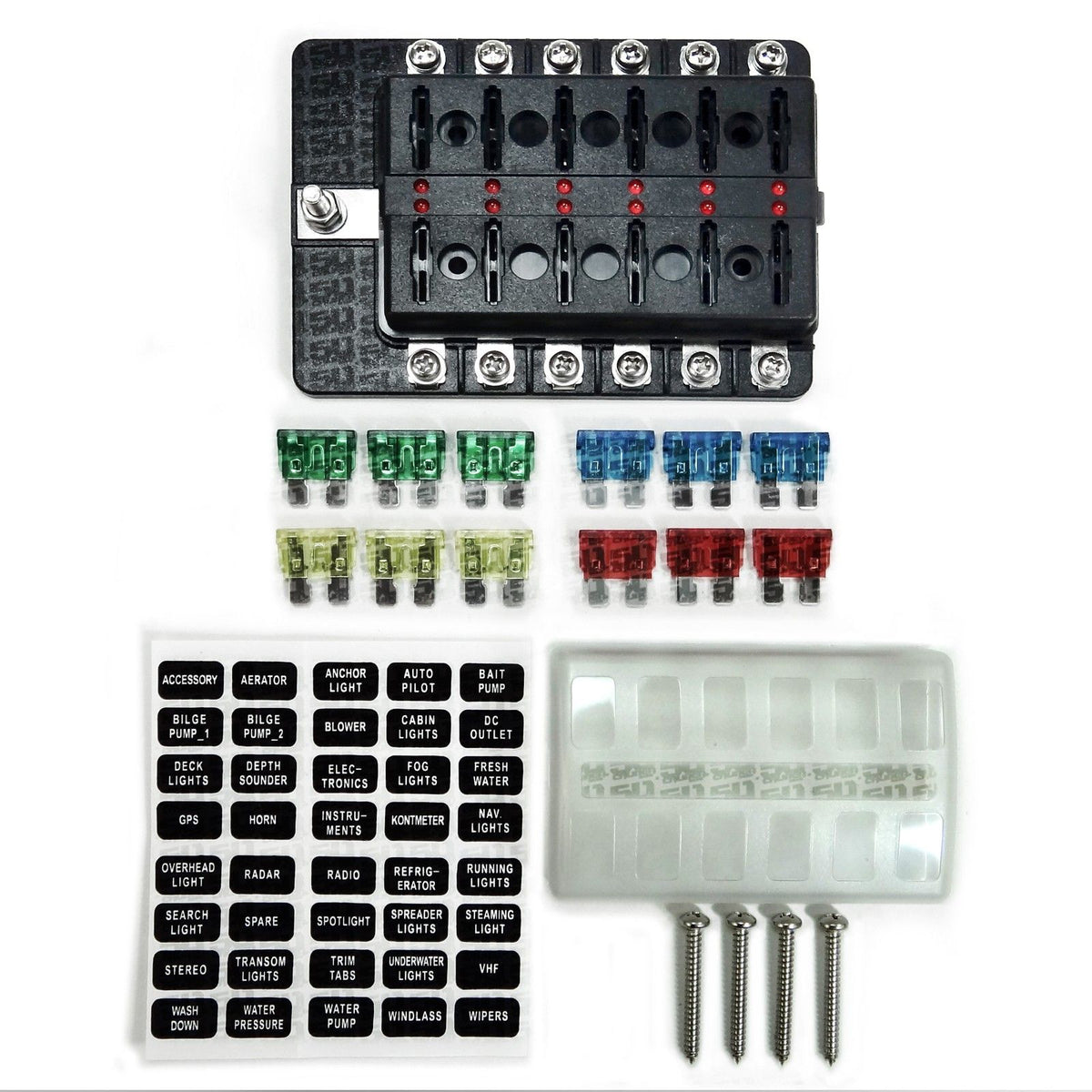 12 Way 12V Fuse Block - LED Indicators - Ring Terminals | Universal 12 Way Covered 12V Circuit Blade Fuse Box with LED Indicators and Accessories