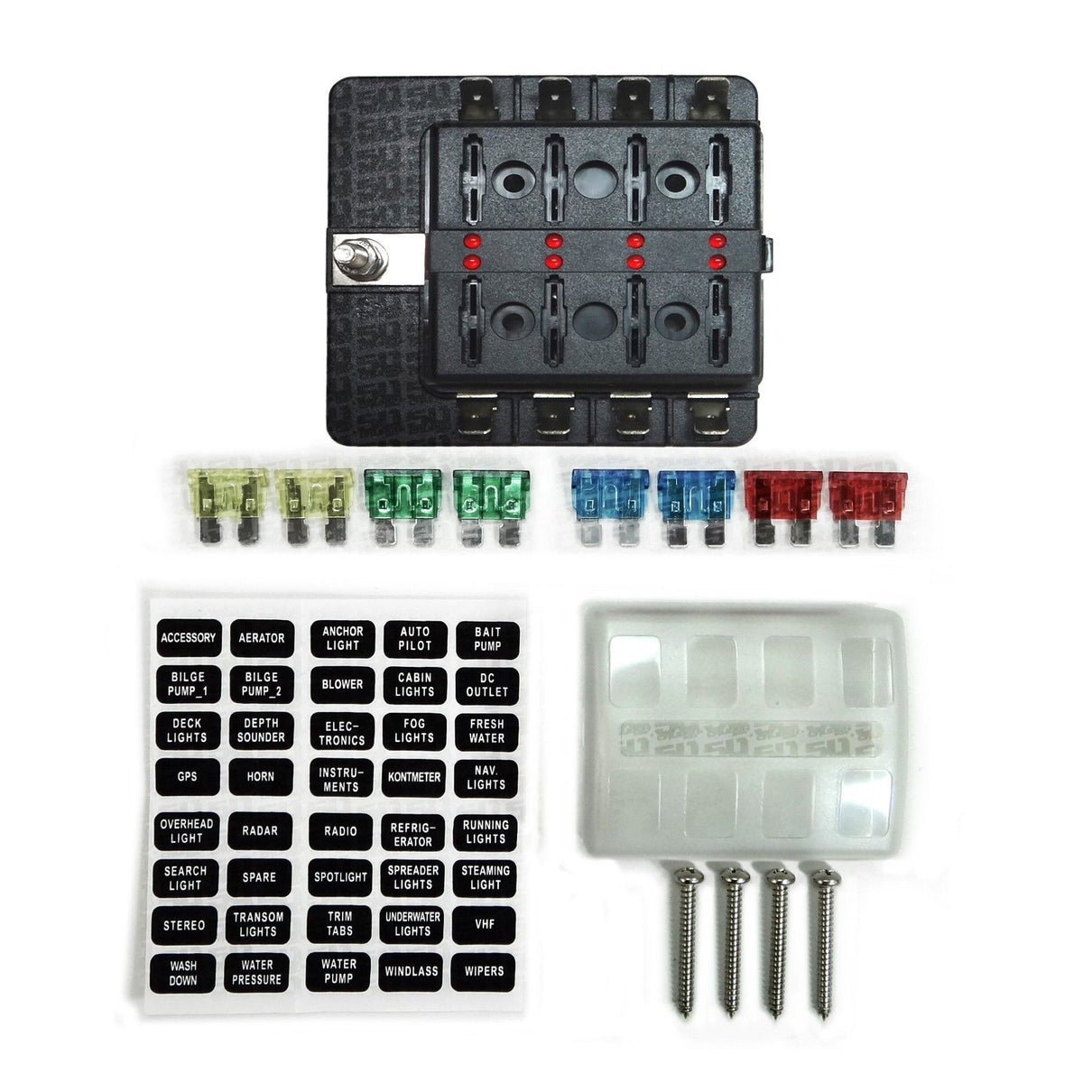 8 Way 12V Fuse Block - LED Indicators - Blade Terminals | Universal 8 Way Covered 12V Circuit Blade Fuse Box with LED Indicators and Accessories