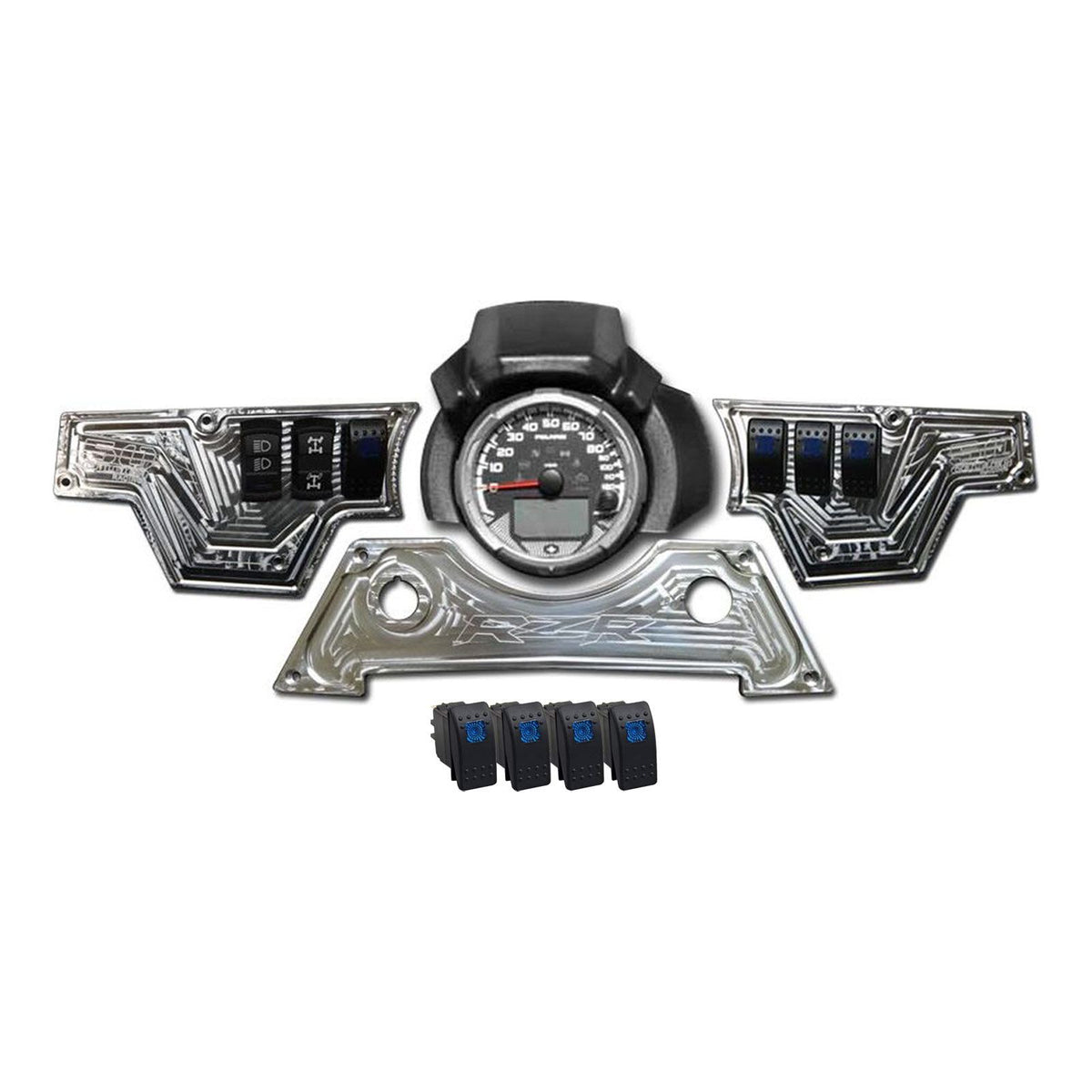 Raw Silver | Raw Silver 6061 CNC Billet 6 Switch Dash Panel for RZR XP1000 - 3 Piece with 4 Additional Rocker Switches Included