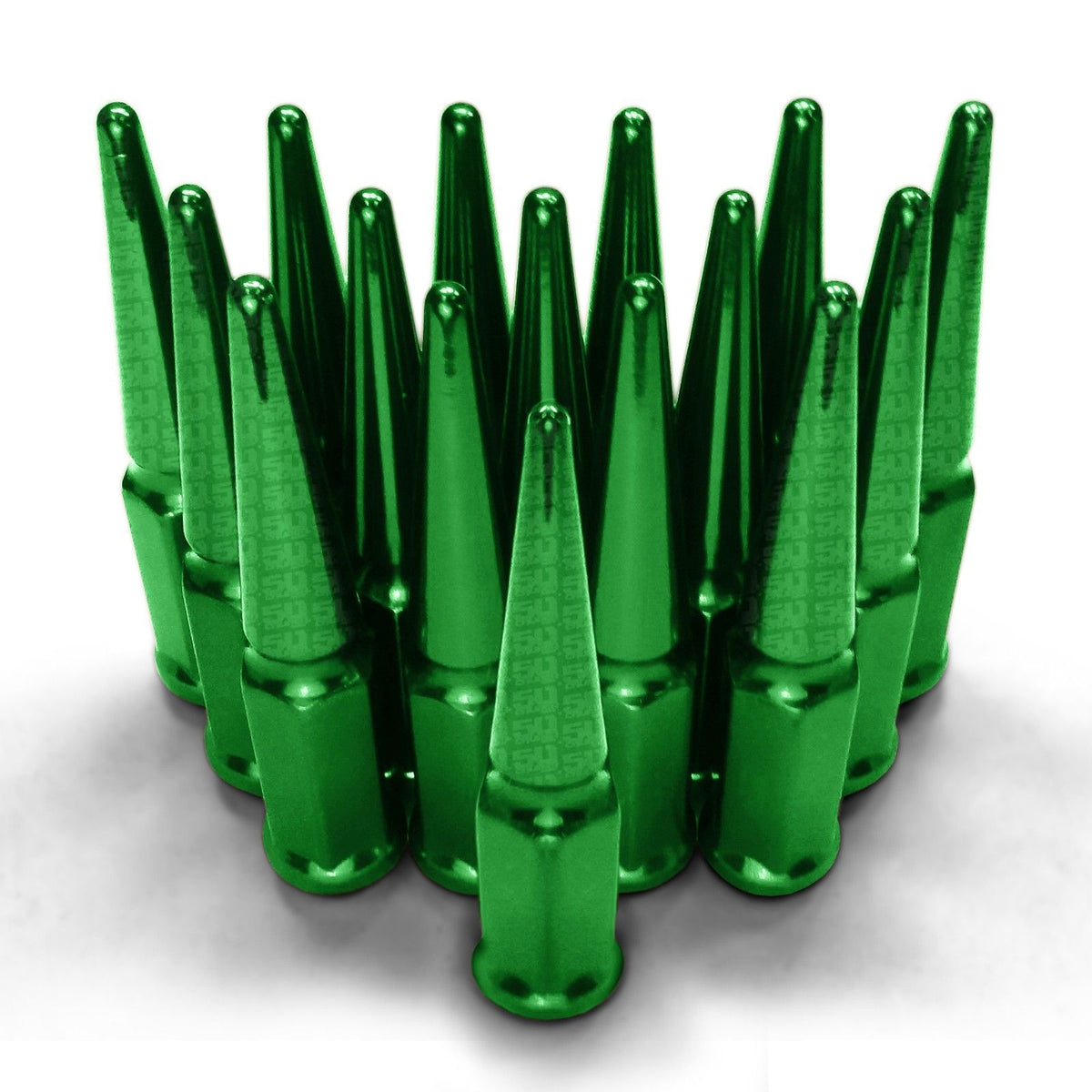 Green | 12x1.5mm Extended Spike Lug Nuts - Acorn Taper - 50 Caliber Racing - 16 Pack for 4 Lug Vehicles - Green Finish