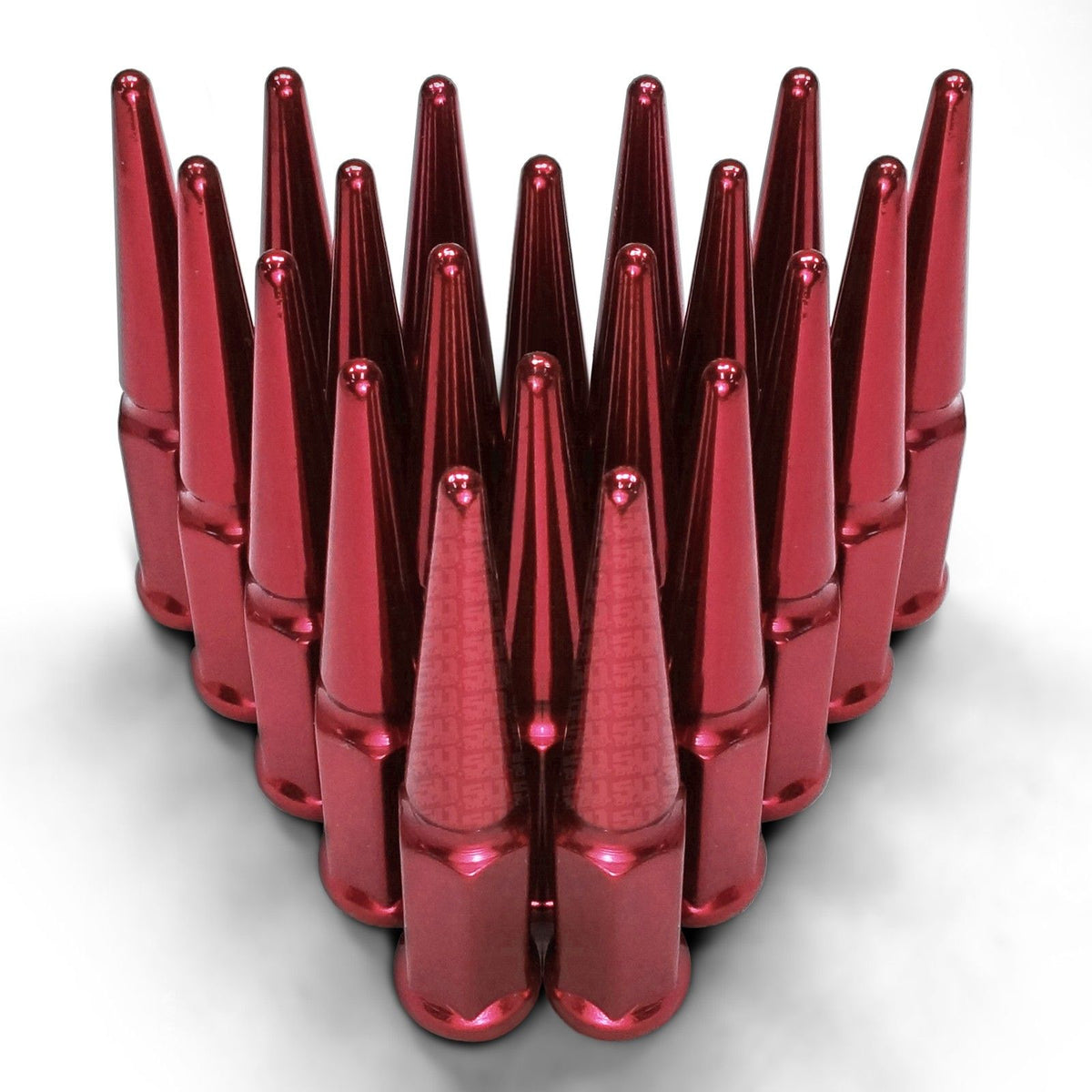 Red | 12x1.5mm Extended Spike Lug Nuts - Acorn Taper - 50 Caliber Racing - 20 Pack for 5 Lug Vehicles - Red Finish