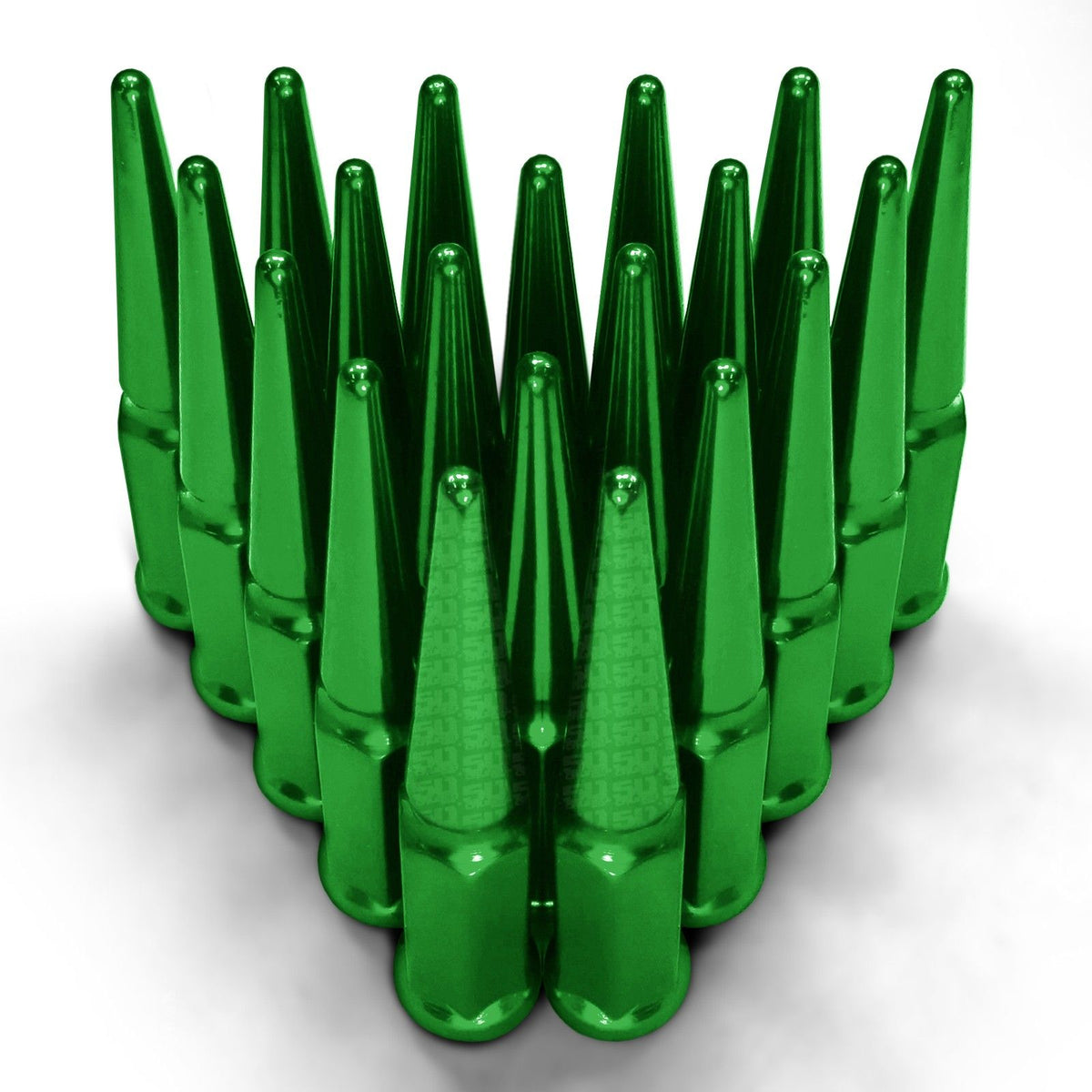 Green | 12x1.5mm Extended Spike Lug Nuts - Acorn Taper - 50 Caliber Racing - 20 Pack for 5 Lug Vehicles - Green Finish
