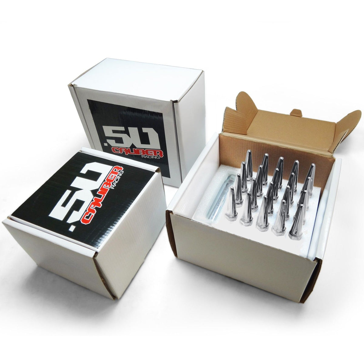 Chrome | 12x1.5mm Extended Spike Lug Nuts - Acorn Taper - 50 Caliber Racing - 20 Pack for 5 Lug Vehicles - Chrome Finish
