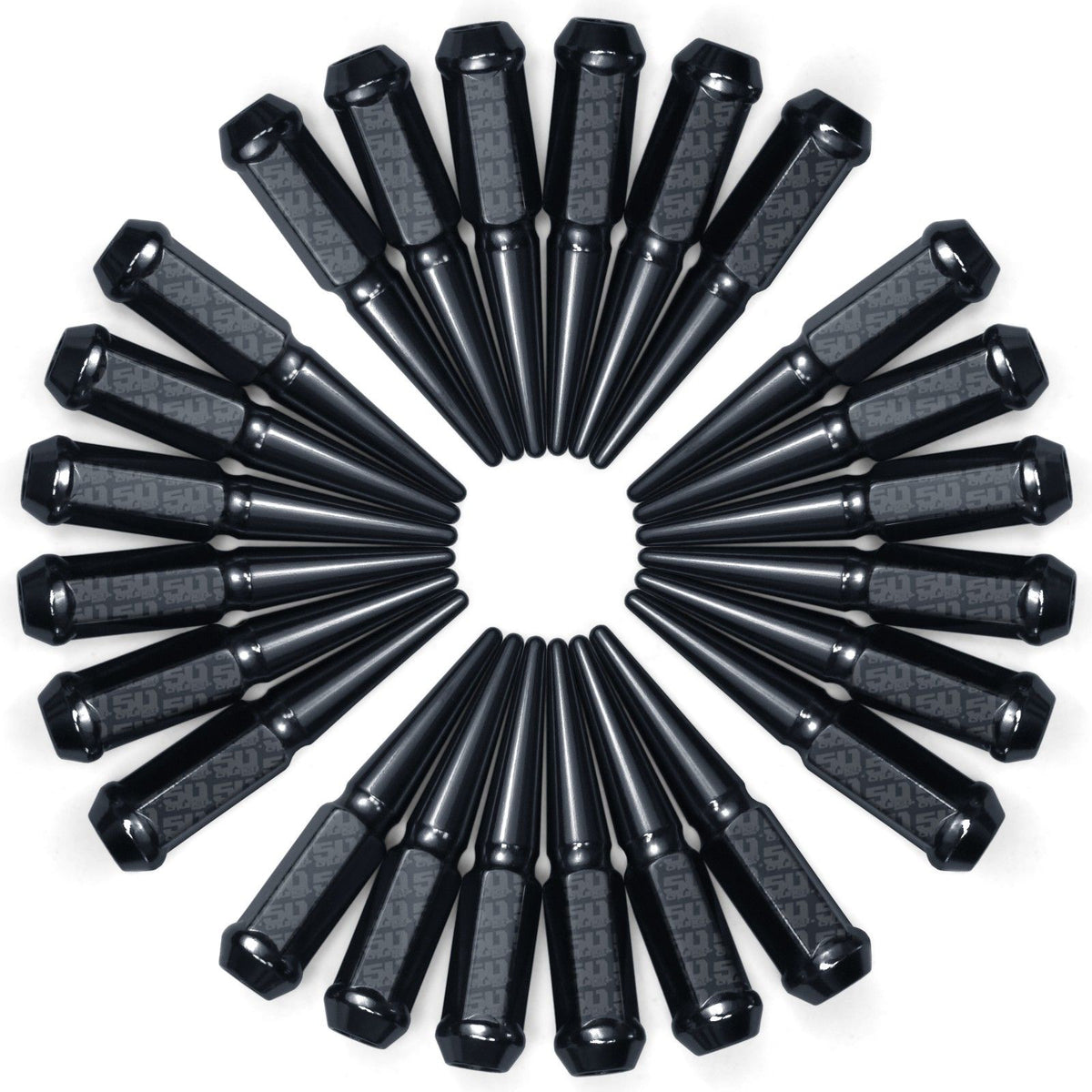 Black | 12x1.5mm Extended Spike Lug Nuts - Acorn Taper - 50 Caliber Racing - 24 Pack for 6 Lug Vehicles - Black Finish