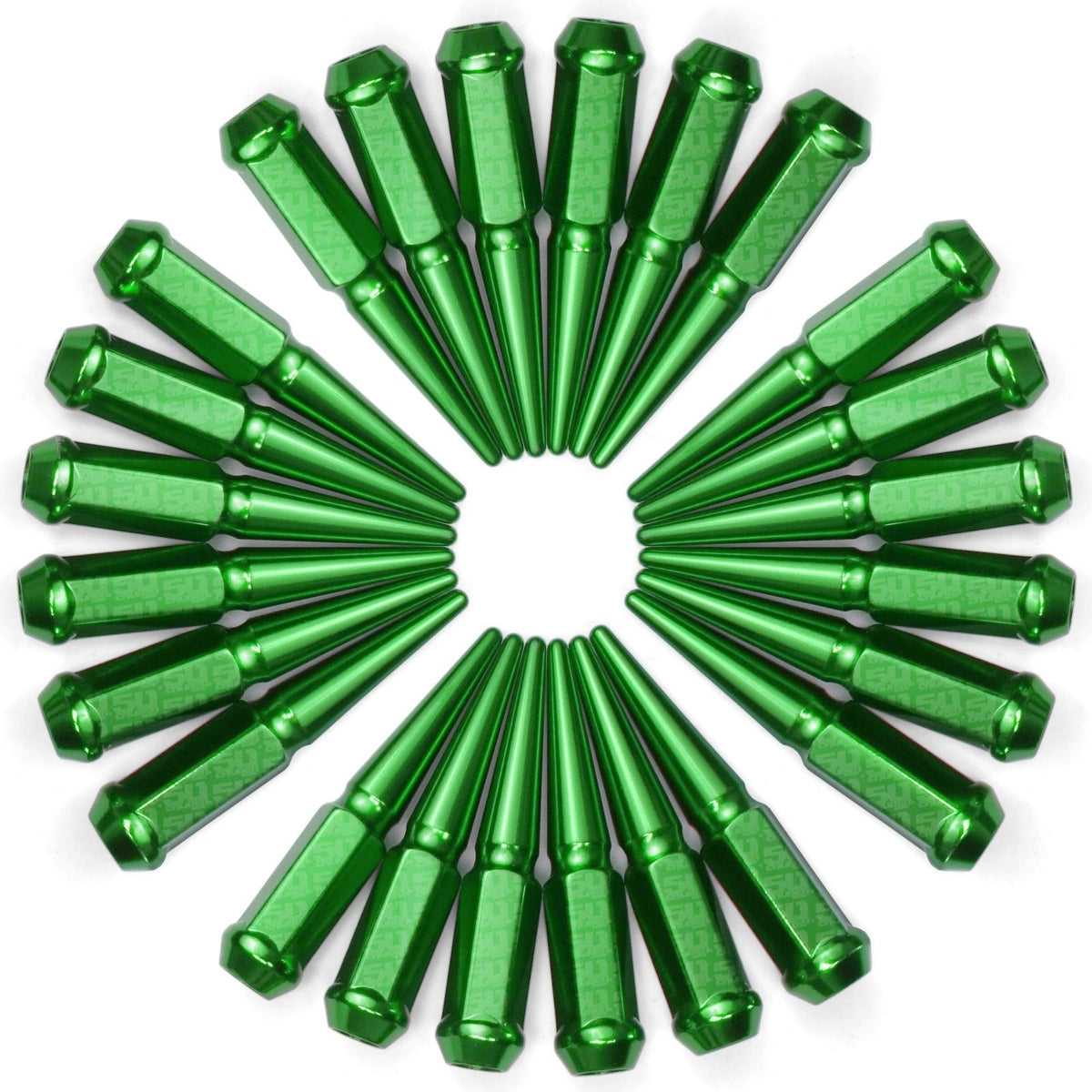 Green | 12x1.5mm Extended Spike Lug Nuts - Acorn Taper - 50 Caliber Racing - 24 Pack for 6 Lug Vehicles - Green Finish