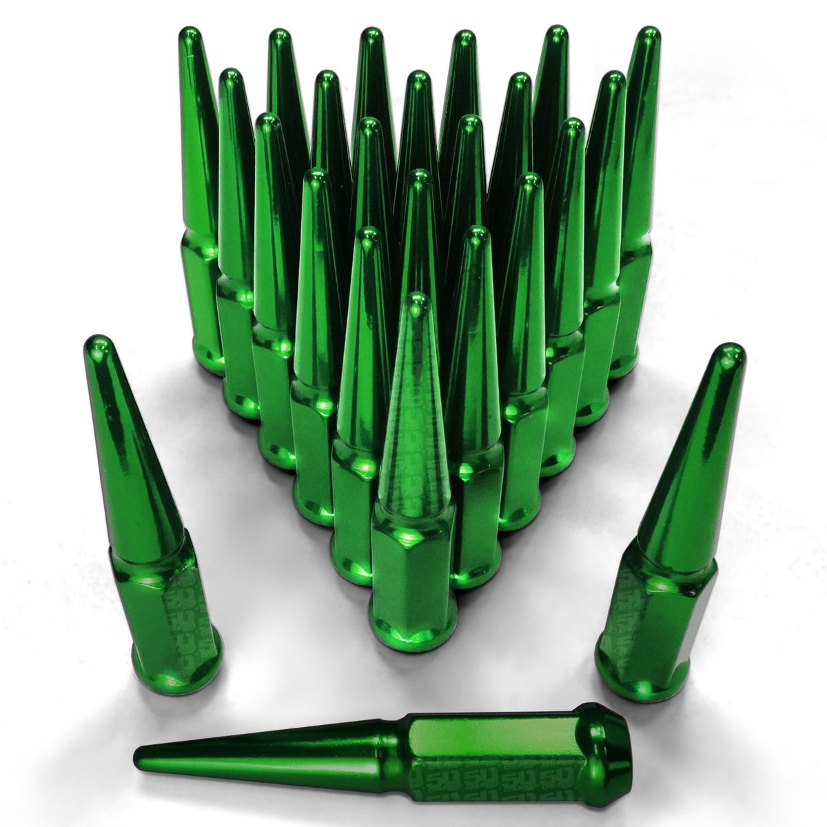 Green | 12x1.5mm Extended Spike Lug Nuts - Acorn Taper - 50 Caliber Racing - 24 Pack for 6 Lug Vehicles - Green Finish