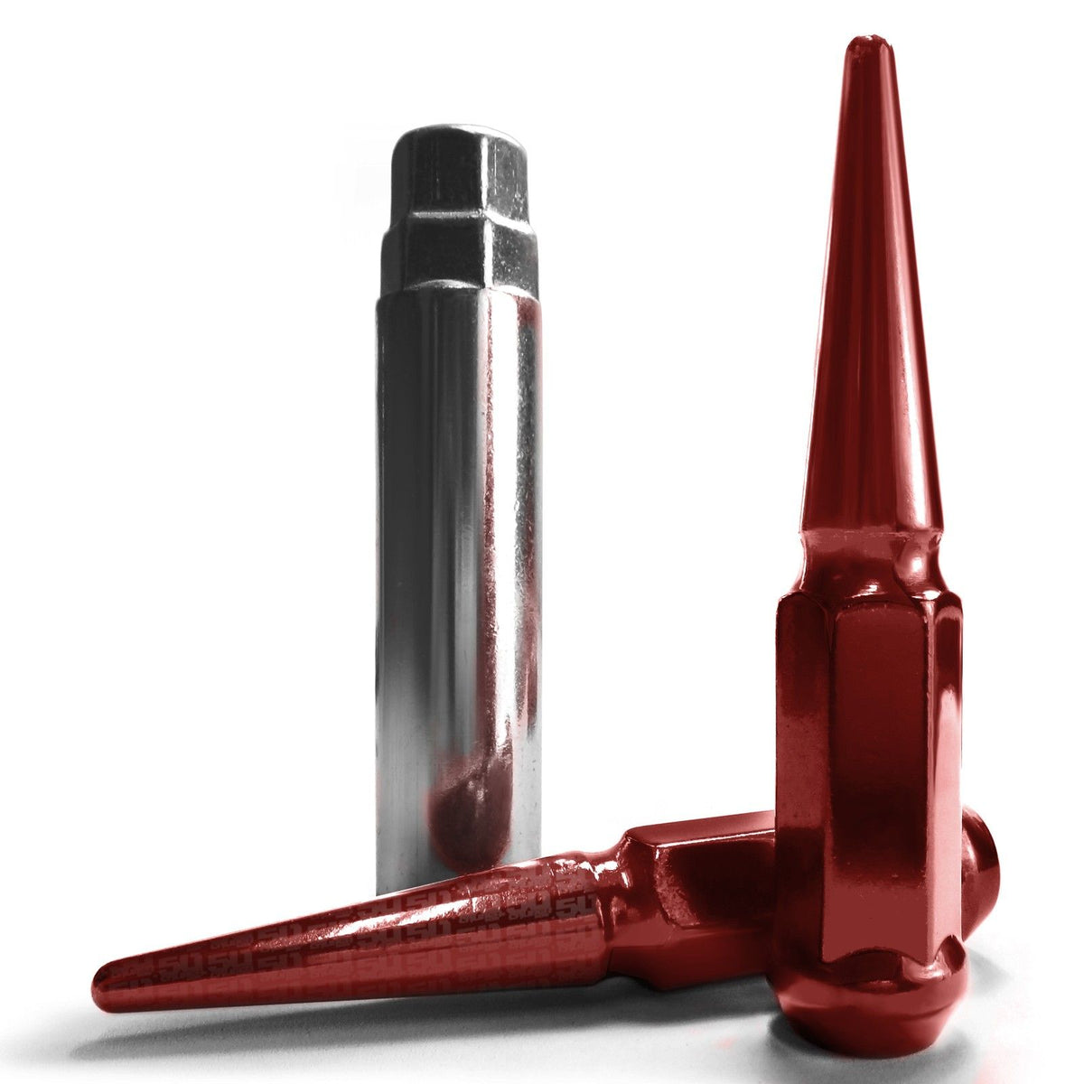 Red | 12x1.5mm Extended Spike Lug Nuts - Acorn Taper - 50 Caliber Racing - Red Finish