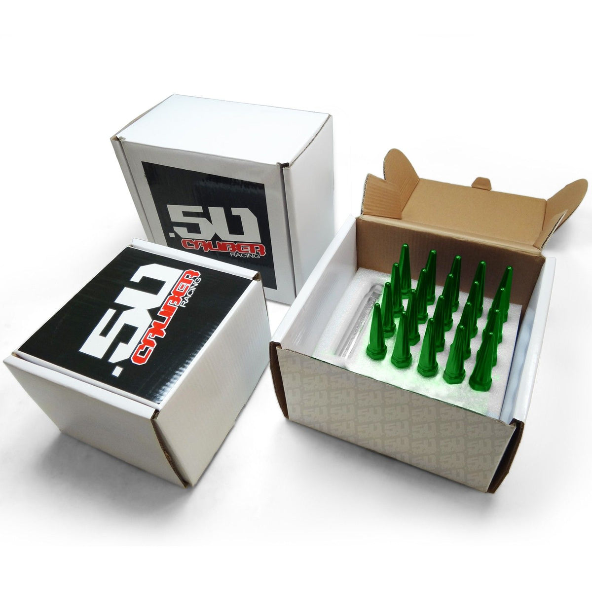 Green | 12x1.25mm Extended Spike Lug Nuts - Acorn Taper - 50 Caliber Racing - 20 Pack for 5 lug cars - Green