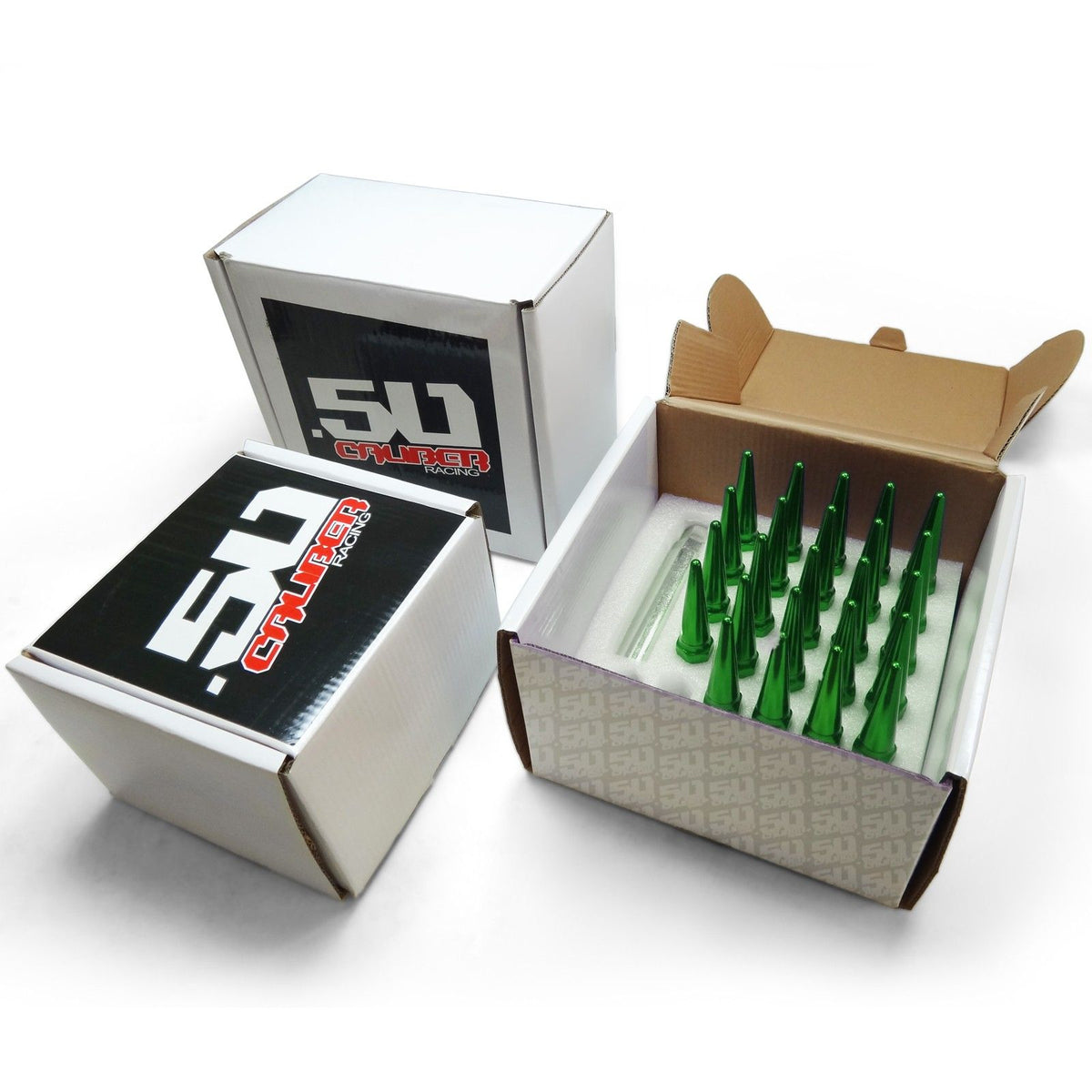 Green | 12x1.25mm Extended Spike Lug Nuts - Acorn Taper - 50 Caliber Racing - 24 Pack for 6 lug cars - Green