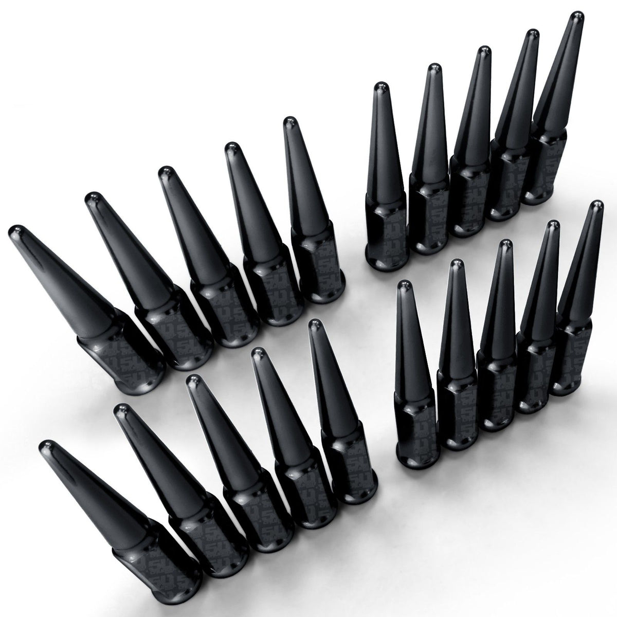 Black | 14x1.5mm Extended Spike Lug Nuts - Acorn Taper - 50 Caliber Racing - Pack of 20 fpr 5 Lug Vehicles - Black