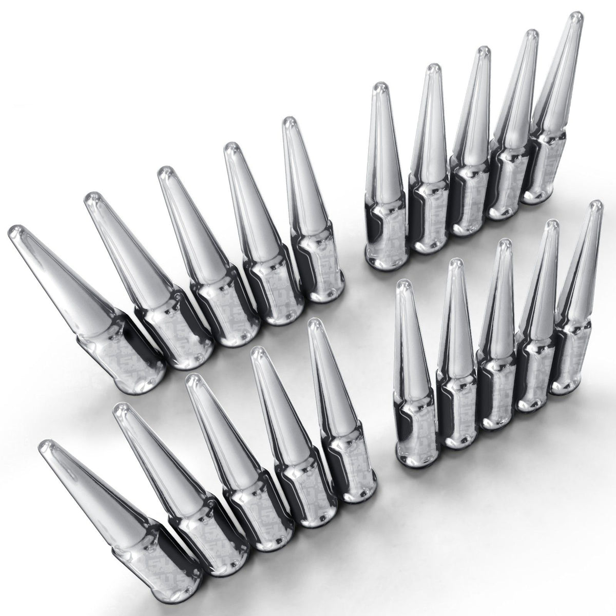 Chrome | 14x1.5mm Extended Spike Lug Nuts - Acorn Taper - 50 Caliber Racing - Pack of 20 fpr 5 Lug Vehicles - Chrome