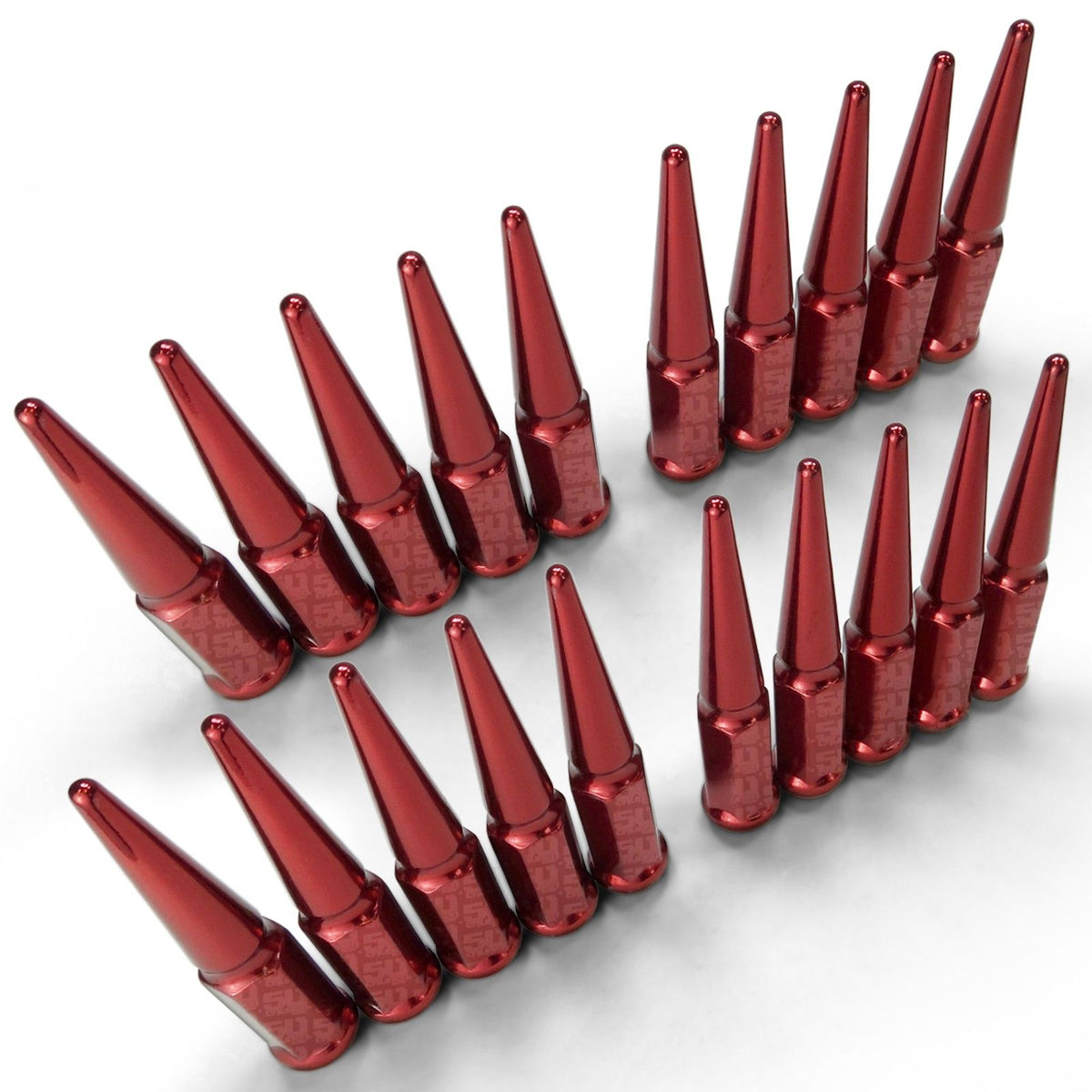 Red | 14x1.5mm Extended Spike Lug Nuts - Acorn Taper - 50 Caliber Racing - Pack of 20 fpr 5 Lug Vehicles - Red