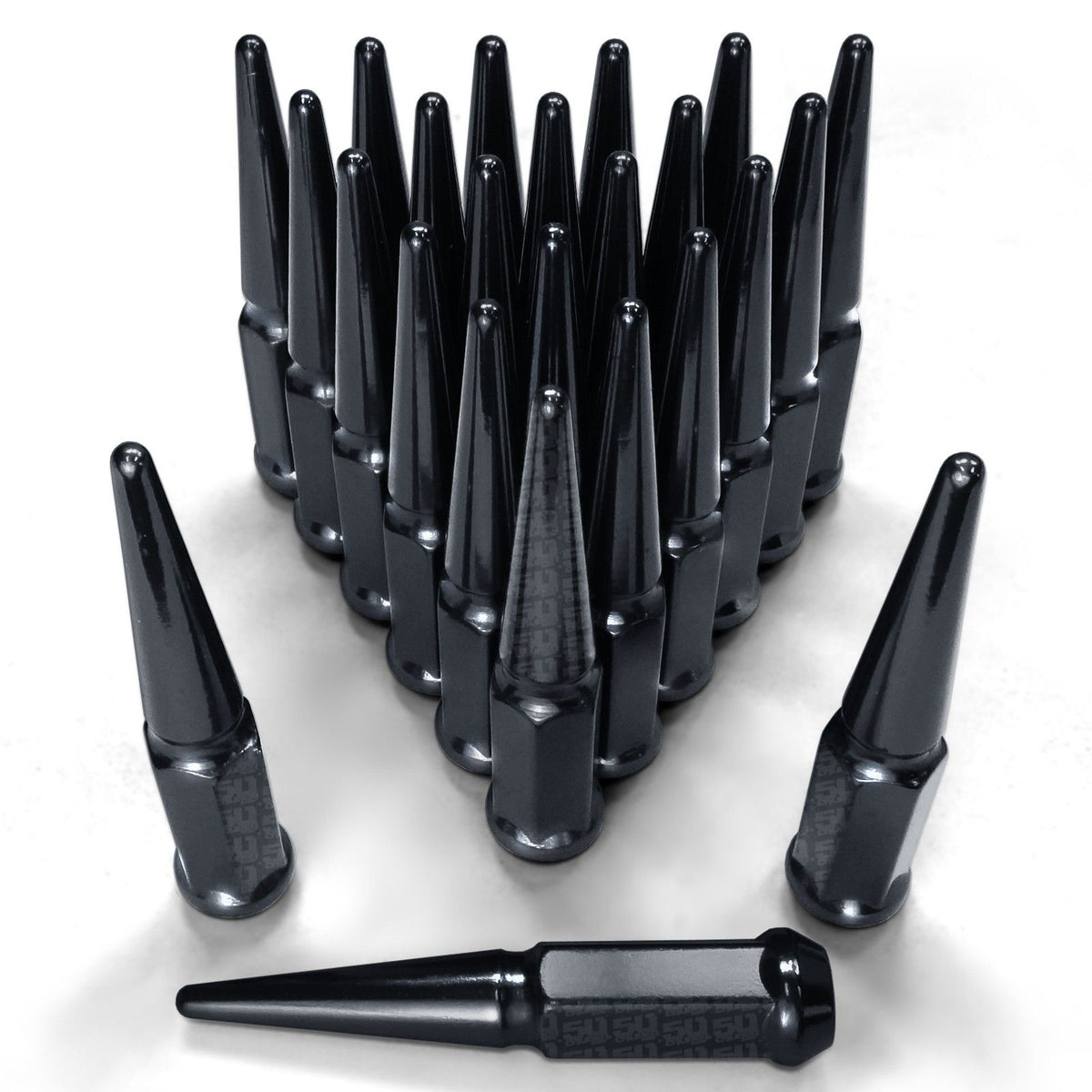 Black | 14x1.5mm Extended Spike Lug Nuts - Acorn Taper - 50 Caliber Racing - Pack of 24 for 6 Lug Vehicles - Black