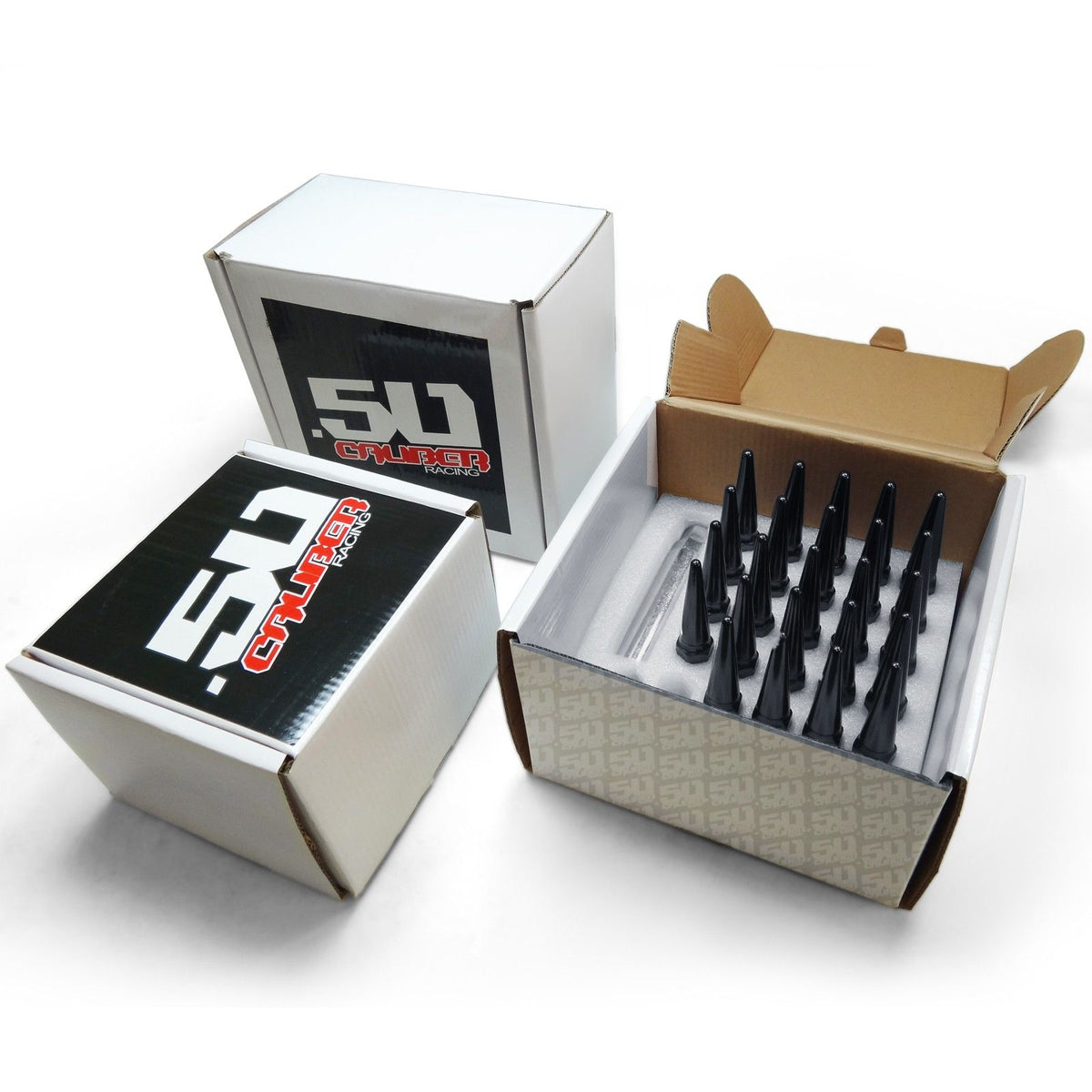 Black | 14x1.5mm Extended Spike Lug Nuts - Acorn Taper - 50 Caliber Racing - Pack of 24 for 6 Lug Vehicles - Black