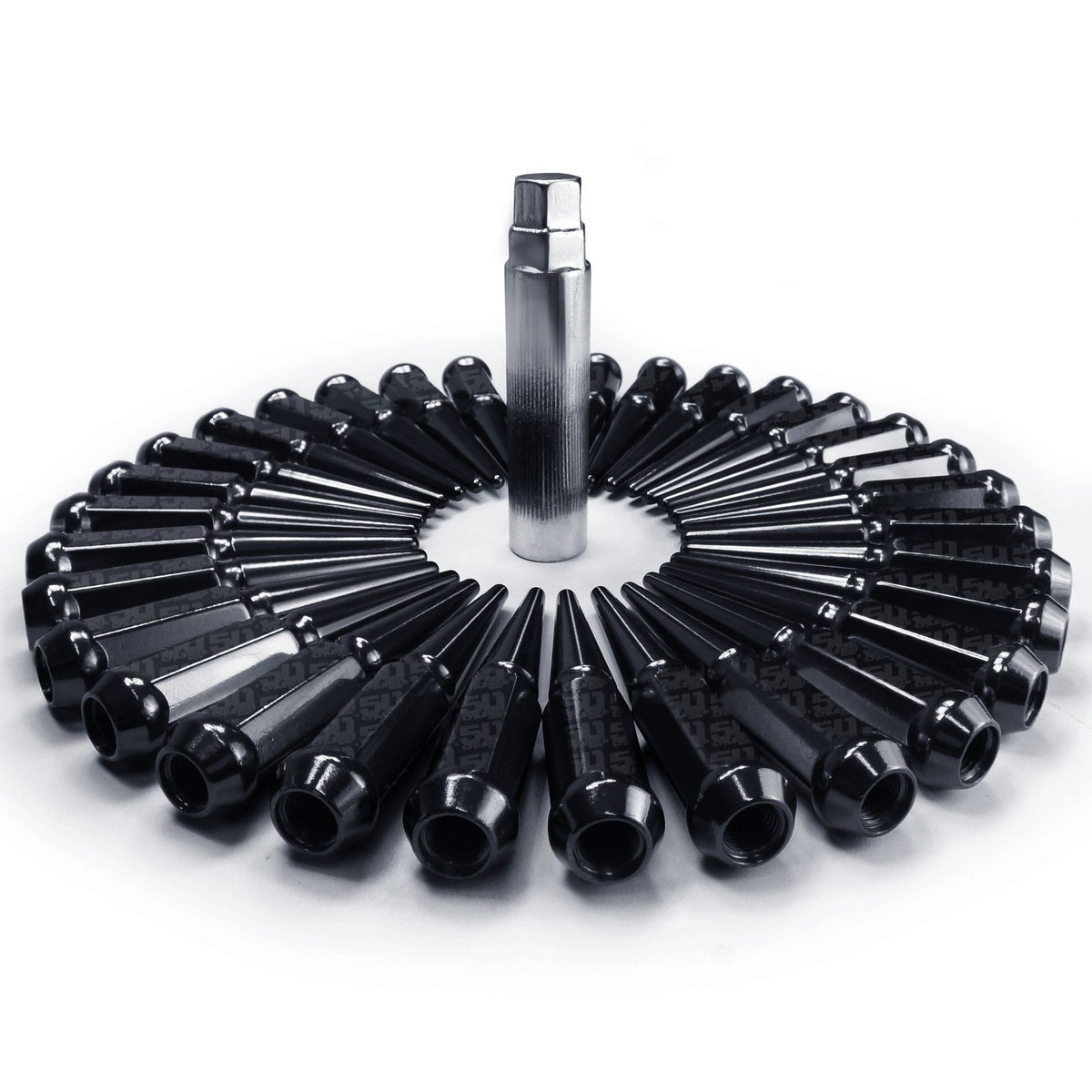 Black | 14x1.5mm Extended Spike Lug Nuts - Acorn Taper - 50 Caliber Racing - Pack of 32 for 8 Lug Vehicles - Black