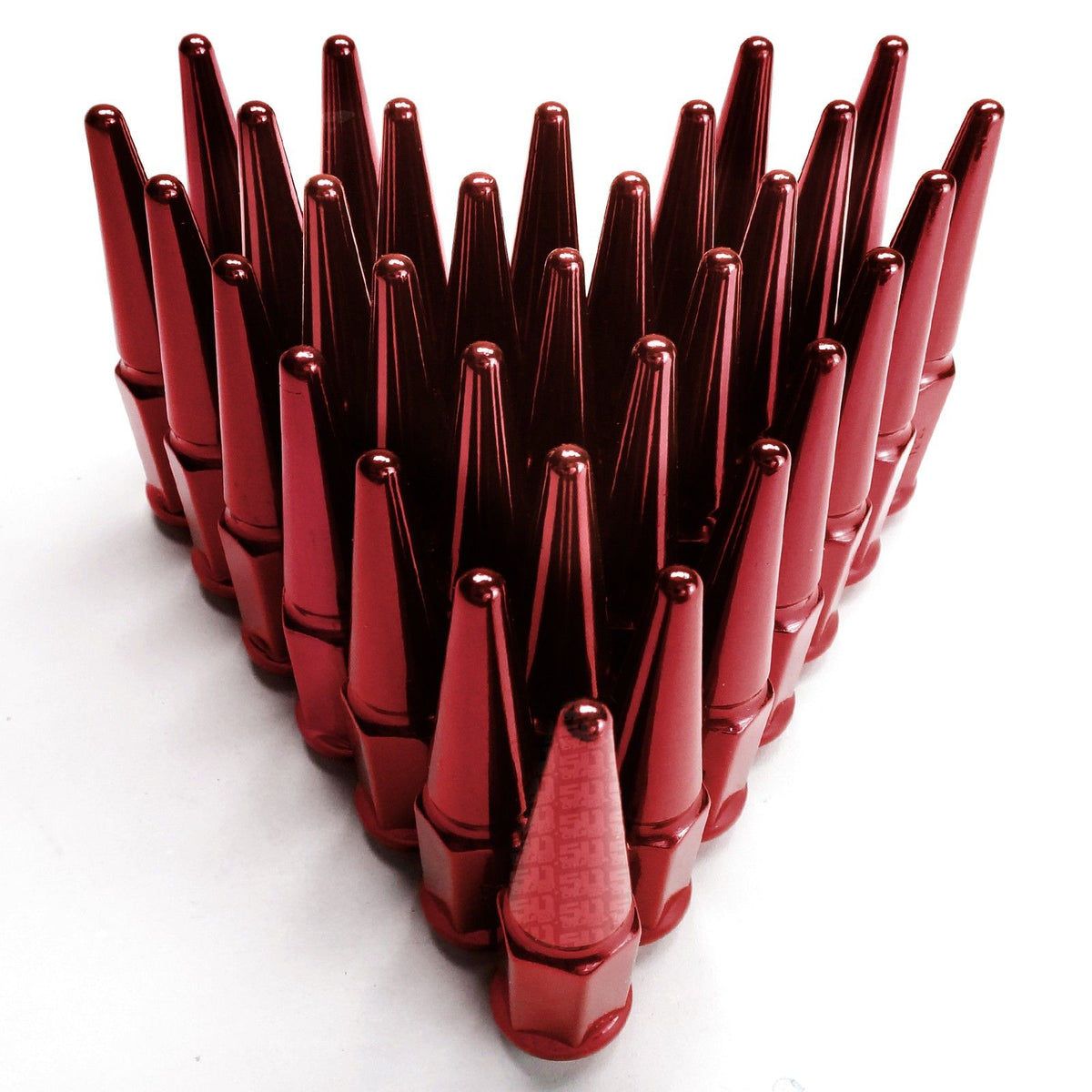 Red | 14x1.5mm Extended Spike Lug Nuts - Acorn Taper - 50 Caliber Racing - Pack of 32 for 8 Lug Vehicles - Red