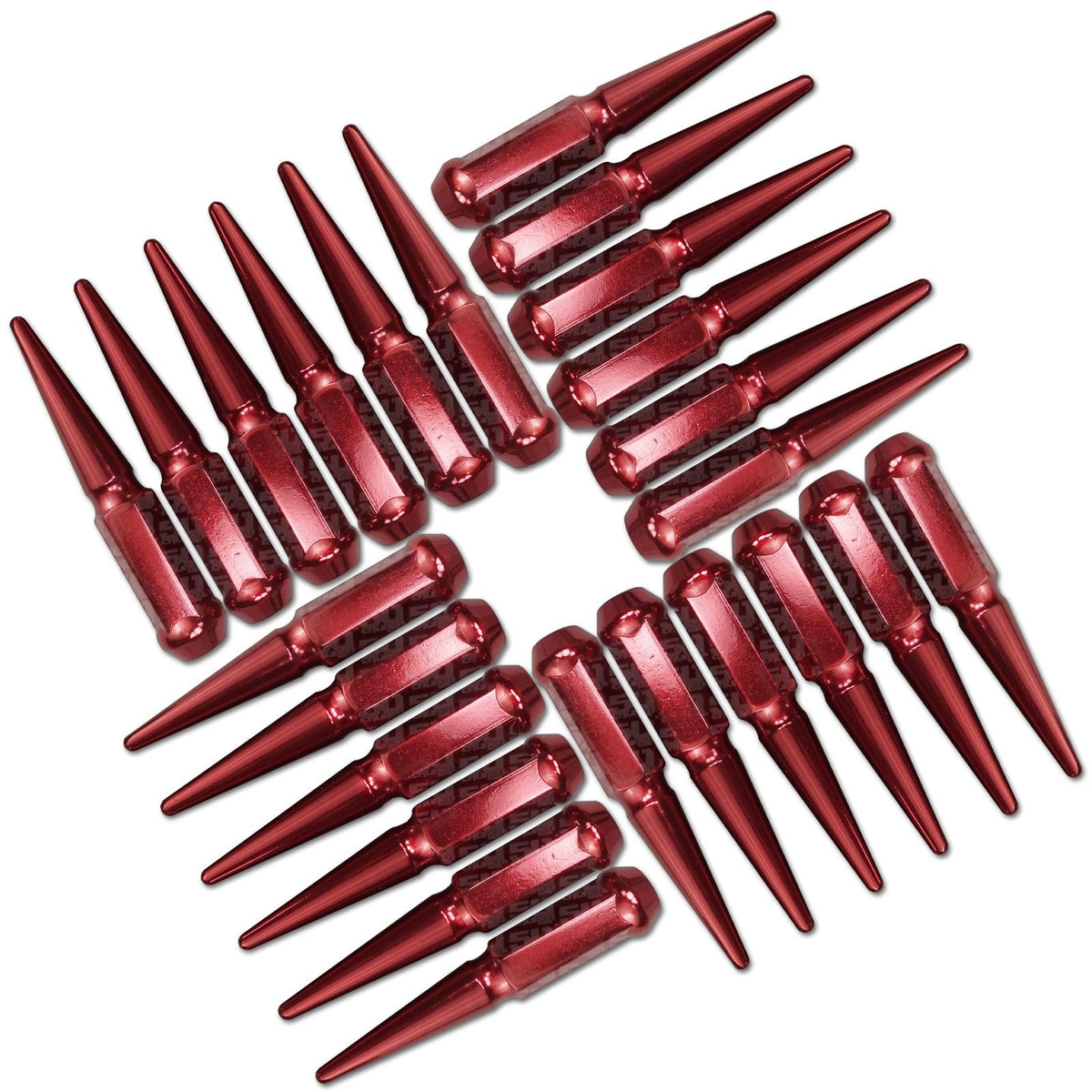 Red | 14x2.0 Extended Spike Lug Nuts - Acorn Taper - 50 Caliber Racing - Set of 24 For F150 6 Lug Trucks - Red