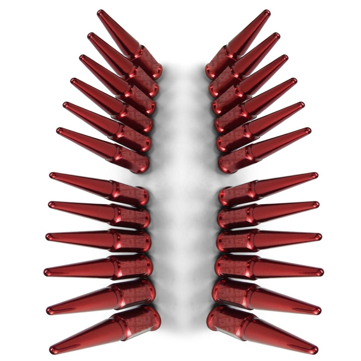 Red | 14x2.0 Extended Spike Lug Nuts - Acorn Taper - 50 Caliber Racing - Set of 24 For F150 6 Lug Trucks - Red