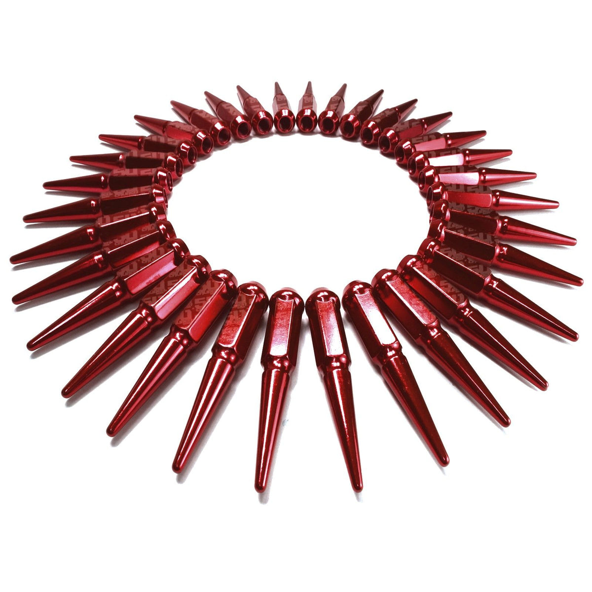 Red | 14x2.0 Extended Spike Lug Nuts - Acorn Taper - 50 Caliber Racing - Set of 32 For F250 8 Lug Trucks - Red