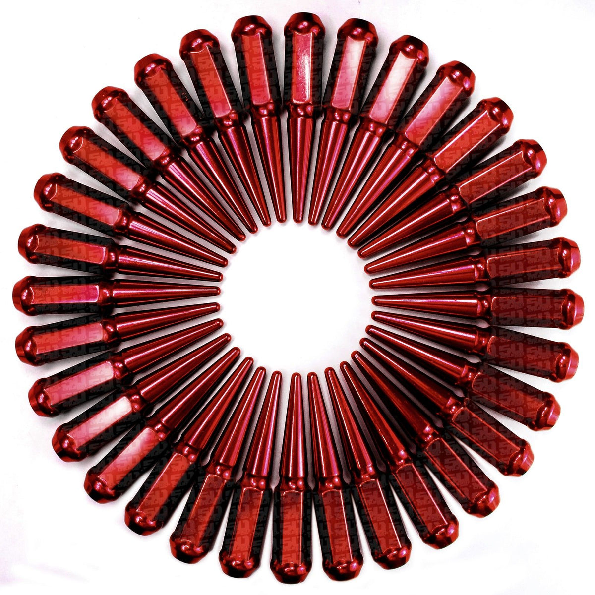 Red | 14x2.0 Extended Spike Lug Nuts - Acorn Taper - 50 Caliber Racing - Set of 32 For F250 8 Lug Trucks - Red