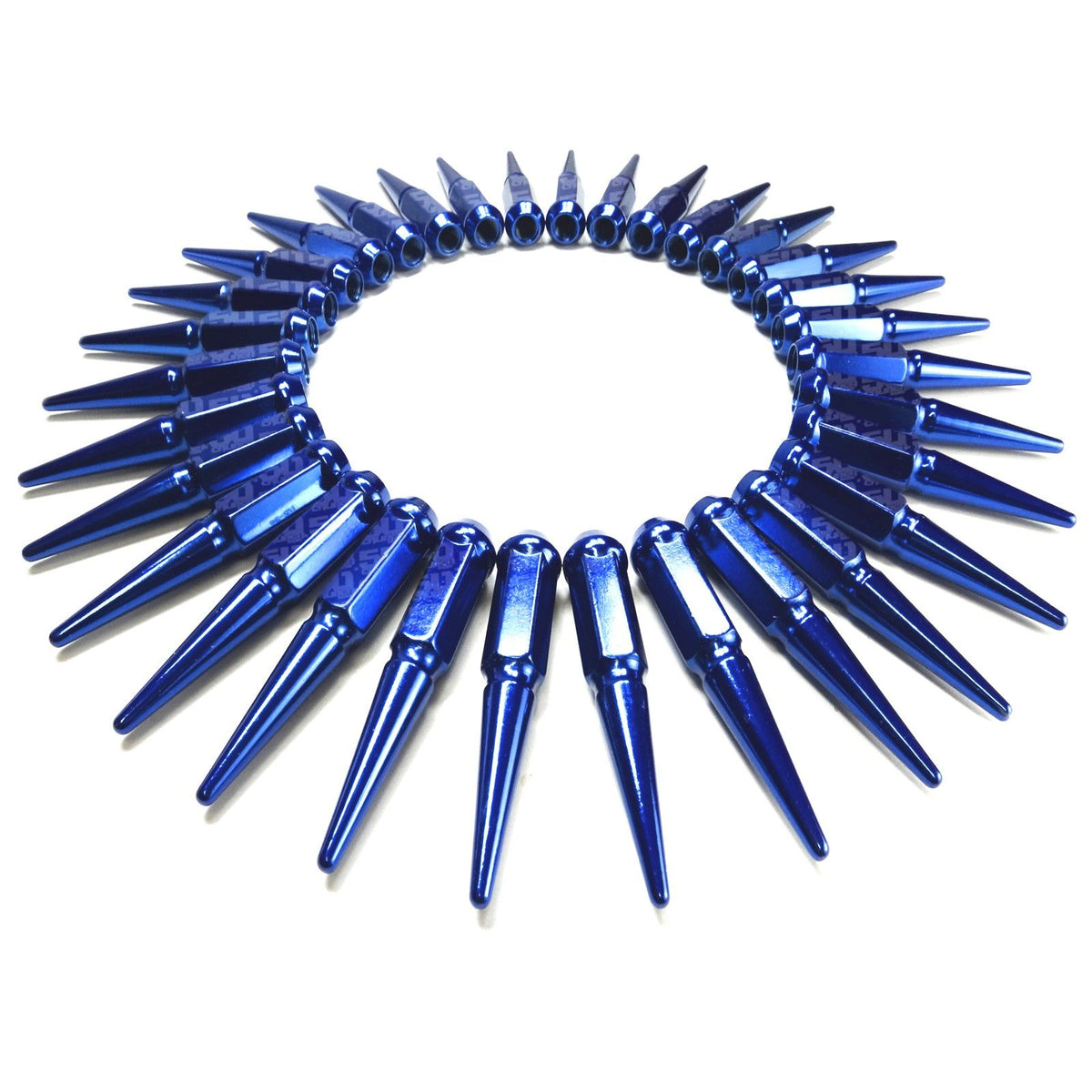 Blue | 14x2.0 Extended Spike Lug Nuts - Acorn Taper - 50 Caliber Racing - Set of 32 For F250 8 Lug Trucks - Blue