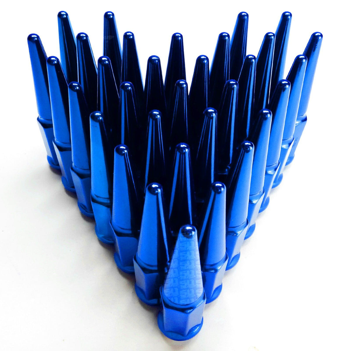 Blue | 14x2.0 Extended Spike Lug Nuts - Acorn Taper - 50 Caliber Racing - Set of 32 For F250 8 Lug Trucks - Blue