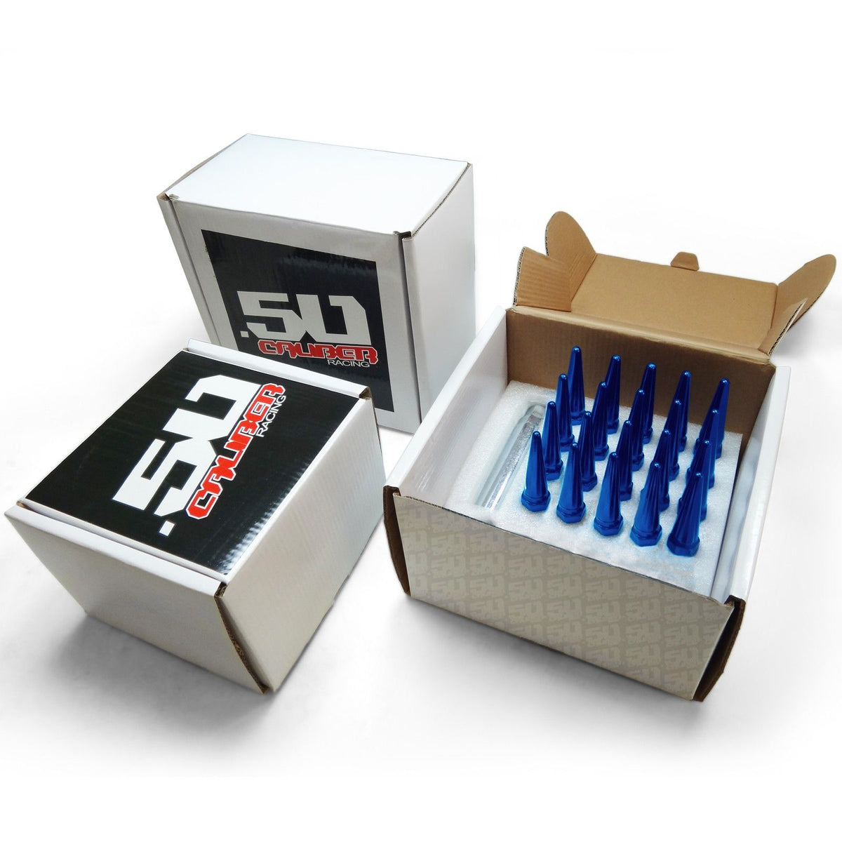 Blue | 9/16 Inch Extended Spike Lug Nuts - Acorn Taper - 50 Caliber Racing - 20 Pack for 5 Lug Vehicles - Blue