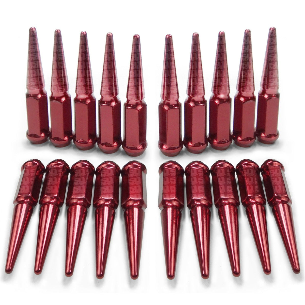 Red | 9/16 Inch Extended Spike Lug Nuts - Acorn Taper - 50 Caliber Racing - 20 Pack for 5 Lug Vehicles - Red