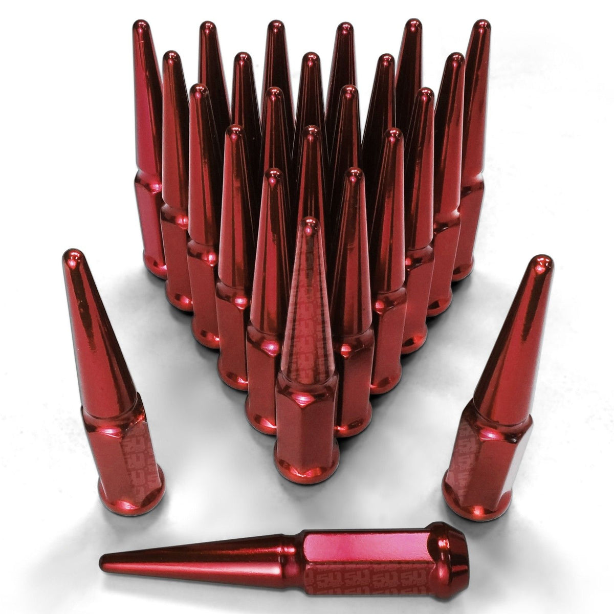 Red | 9/16 Inch Extended Spike Lug Nuts - Acorn Taper - 50 Caliber Racing - 24 Pack for 6 Lug Vehicles - Red