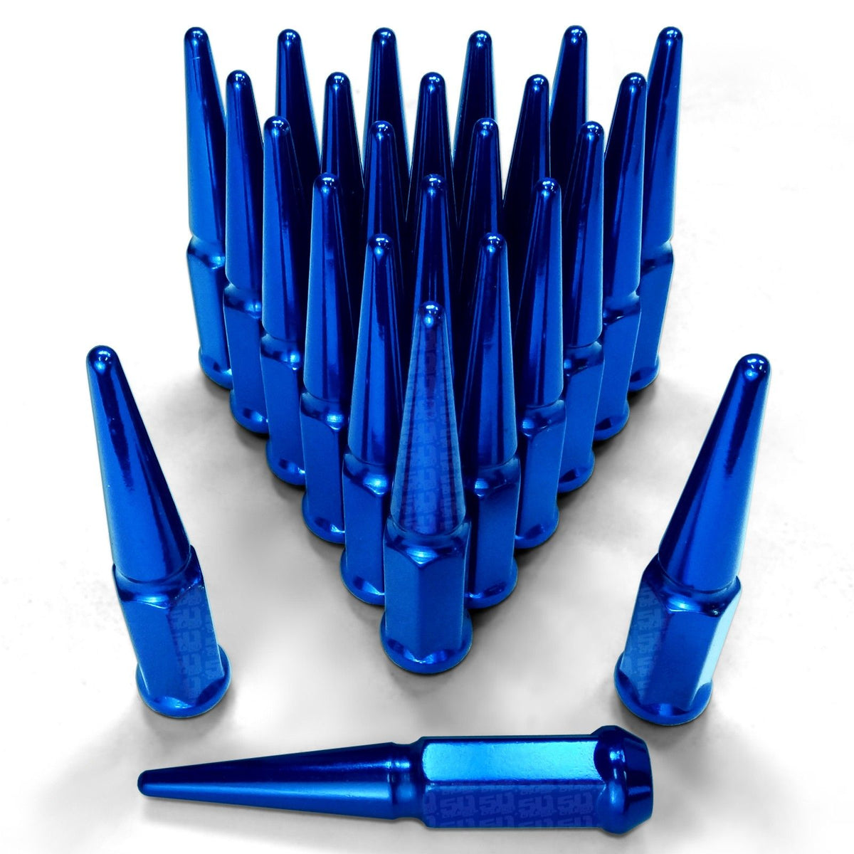 Blue | 9/16 Inch Extended Spike Lug Nuts - Acorn Taper - 50 Caliber Racing - 24 Pack for 5 lug Vehicles - Blue