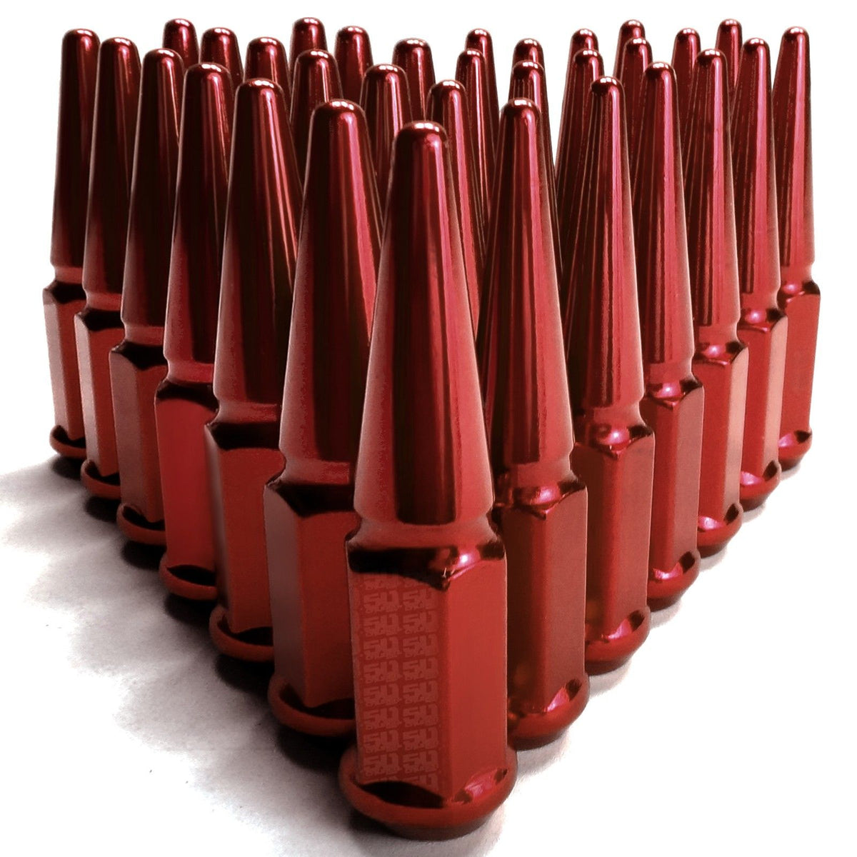 Red | 9/16 Inch Extended Spike Lug Nuts - Acorn Taper - 50 Caliber Racing - 32 Pack for 8 Lug Vehicles - Red
