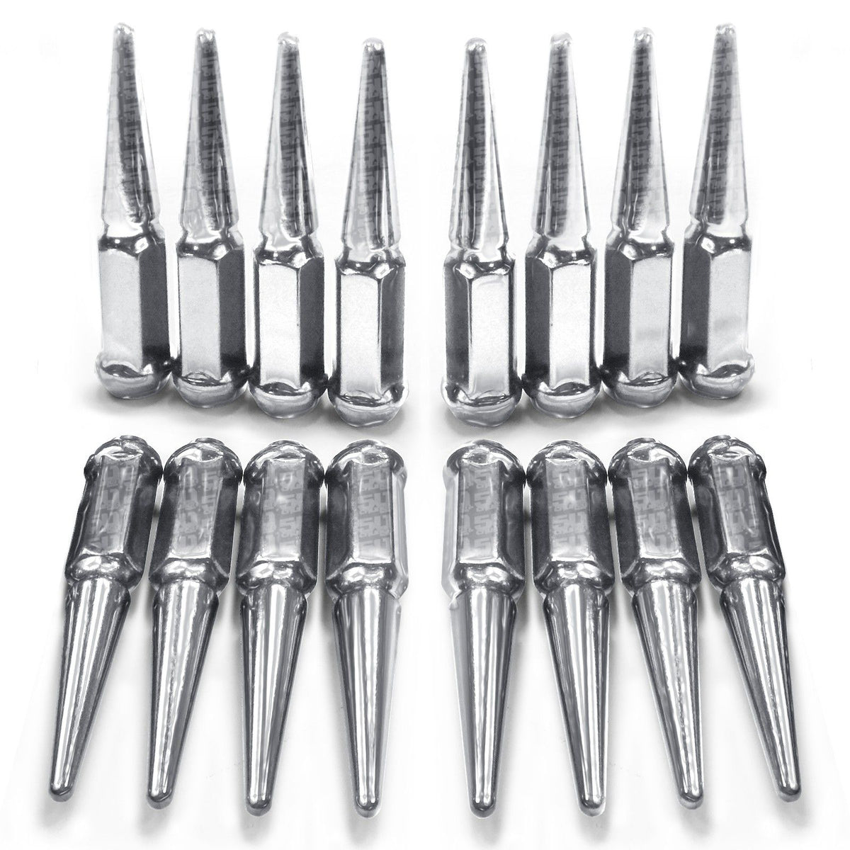 Chrome | 1/2 Inch Extended Spike Lug Nuts - Acorn Taper - 50 Caliber Racing - Pack of 16 For 4 Lug Vehicles - Chrome