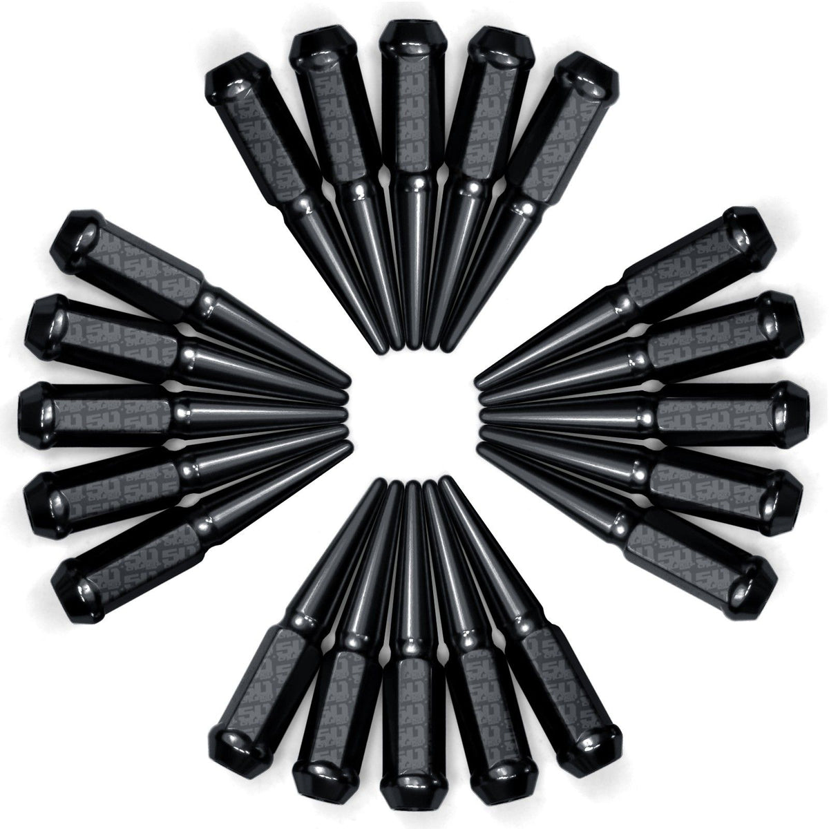 Black | 1/2 Inch Extended Spike Lug Nuts - Acorn Taper - 50 Caliber Racing - Pack of 20 For 5 Lug Vehicles - Black