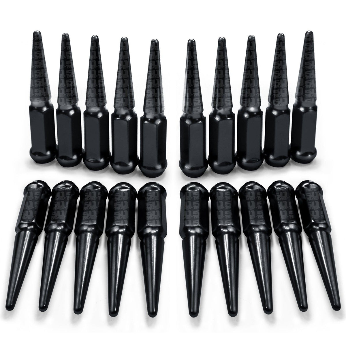 Black | 1/2 Inch Extended Spike Lug Nuts - Acorn Taper - 50 Caliber Racing - Pack of 20 For 5 Lug Vehicles - Black