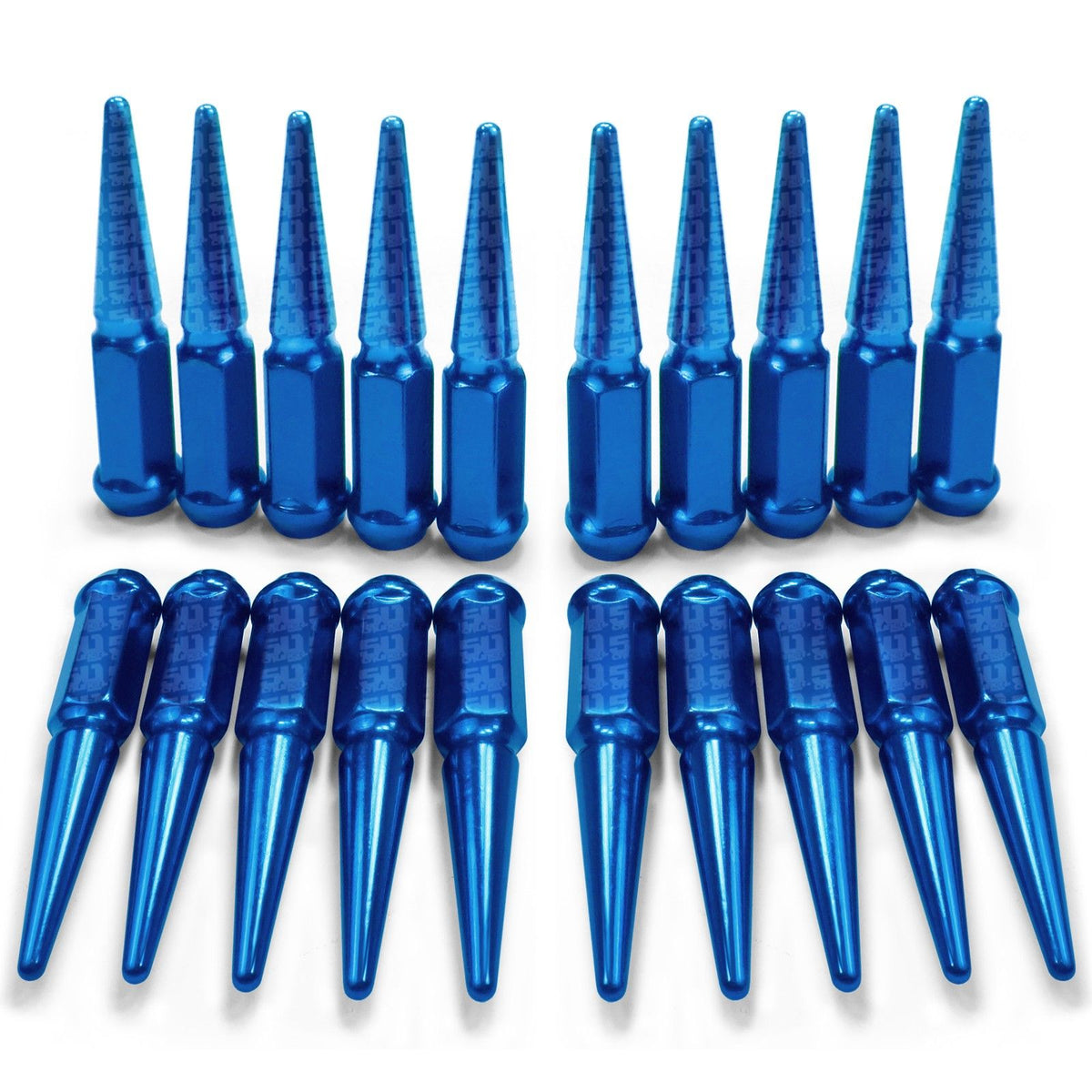 Blue | 1/2 Inch Extended Spike Lug Nuts - Acorn Taper - 50 Caliber Racing - Pack of 20 For 5 Lug Vehicles - Blue